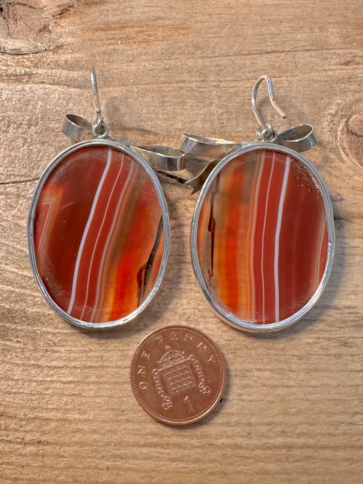Vintage 1988 Large Banded Agate Bow 925 Silver Earrings