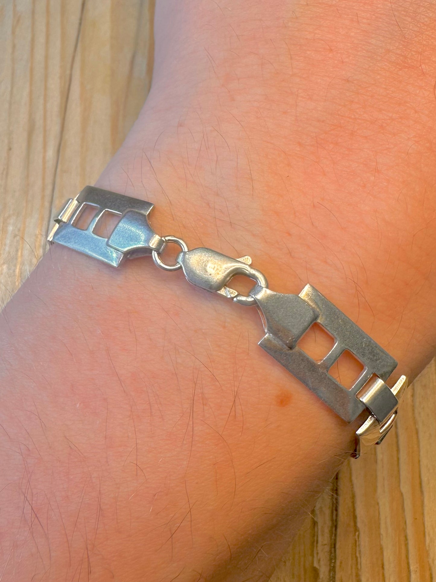 Abstract Rectangle Link 925 Sterling Silver 7.8 inch Bracelet