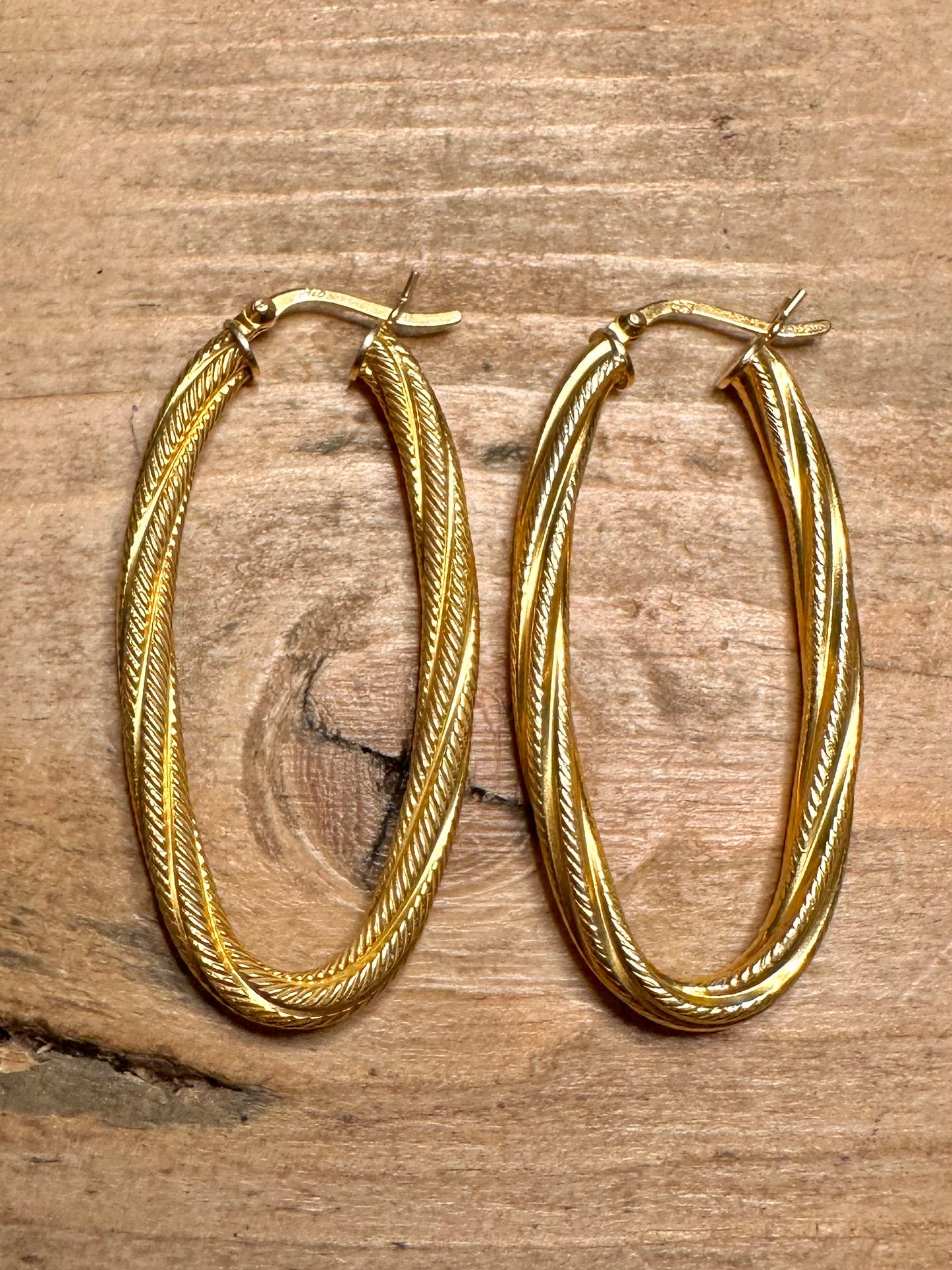 Modernist Large Twisted Gold 925 Silver Hoops Earrings