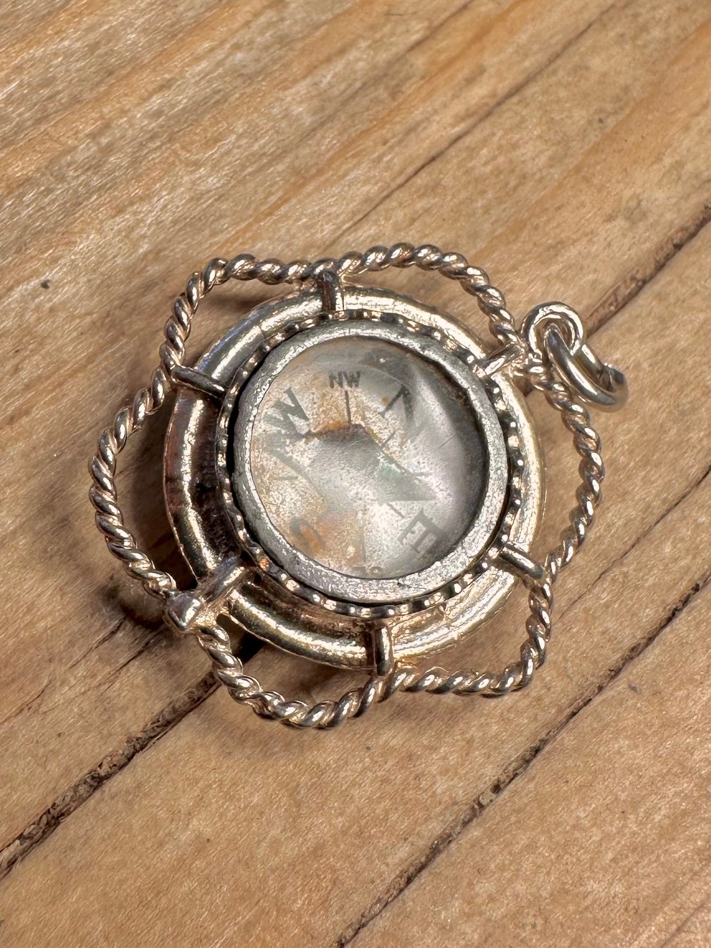 Vintage Compass Ship Engraved 925 Sterling Silver Pendant