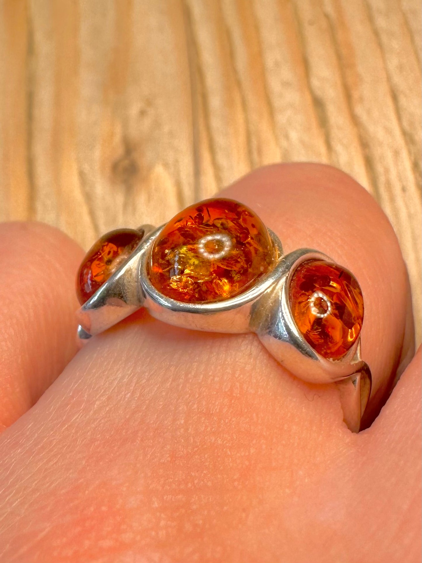 Vintage Amber Trio 925 Sterling Silver Size Q 1/2 Ring