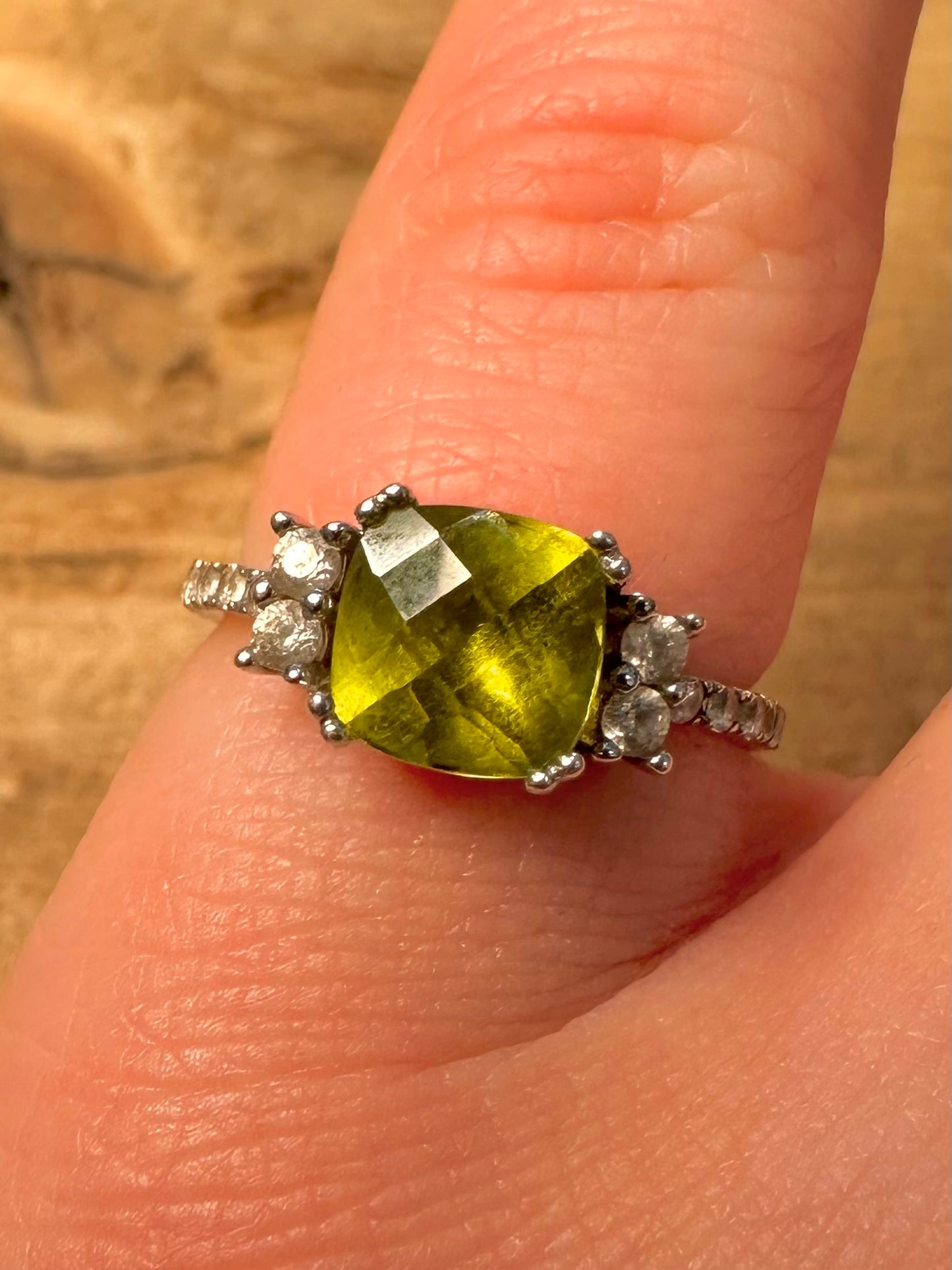 Modernist Peridot and CZ D’Joy 925 Silver Size N Ring