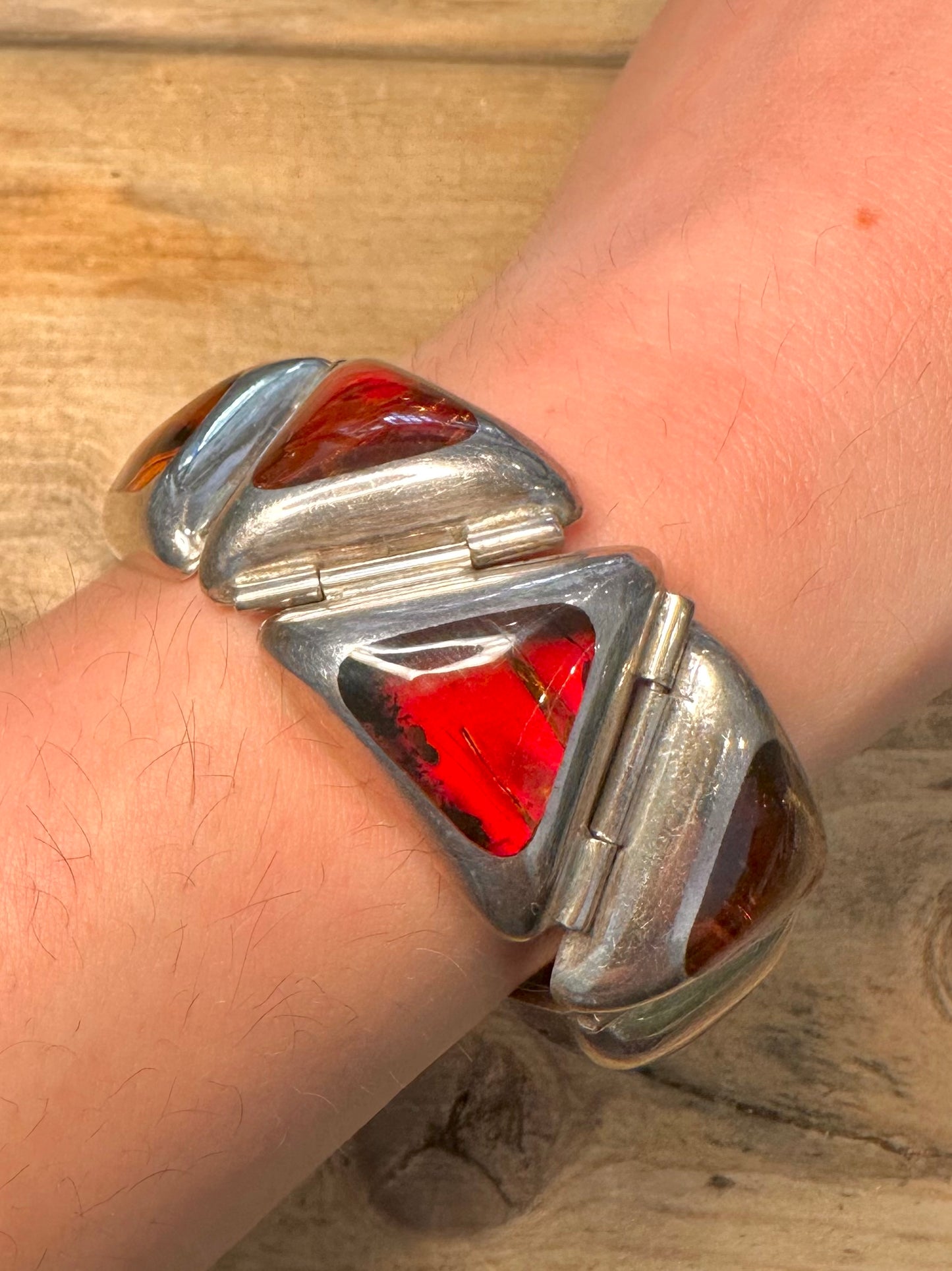 Vintage Abstract Amber Polish Maker MTM 925 Silver 6.5 inch Bracelet