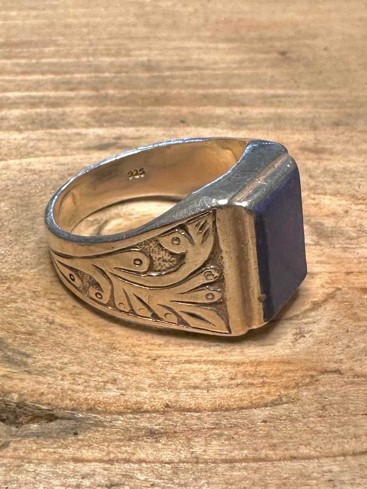 Vintage Lapis Signet Engraved 925 Silver Size Q Ring