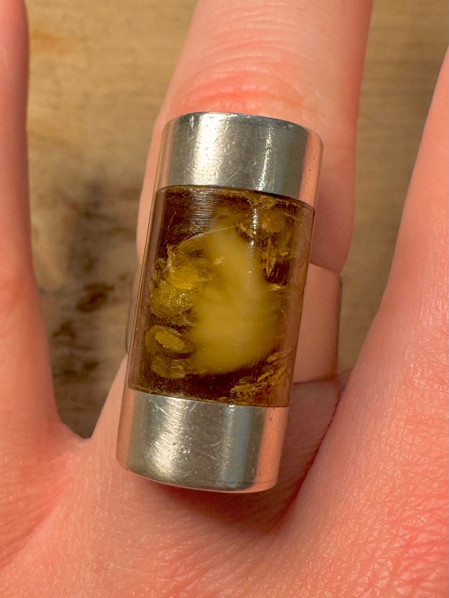 Modernist Amber Bar 925 Silver Size O1/2 Adjustable Ring