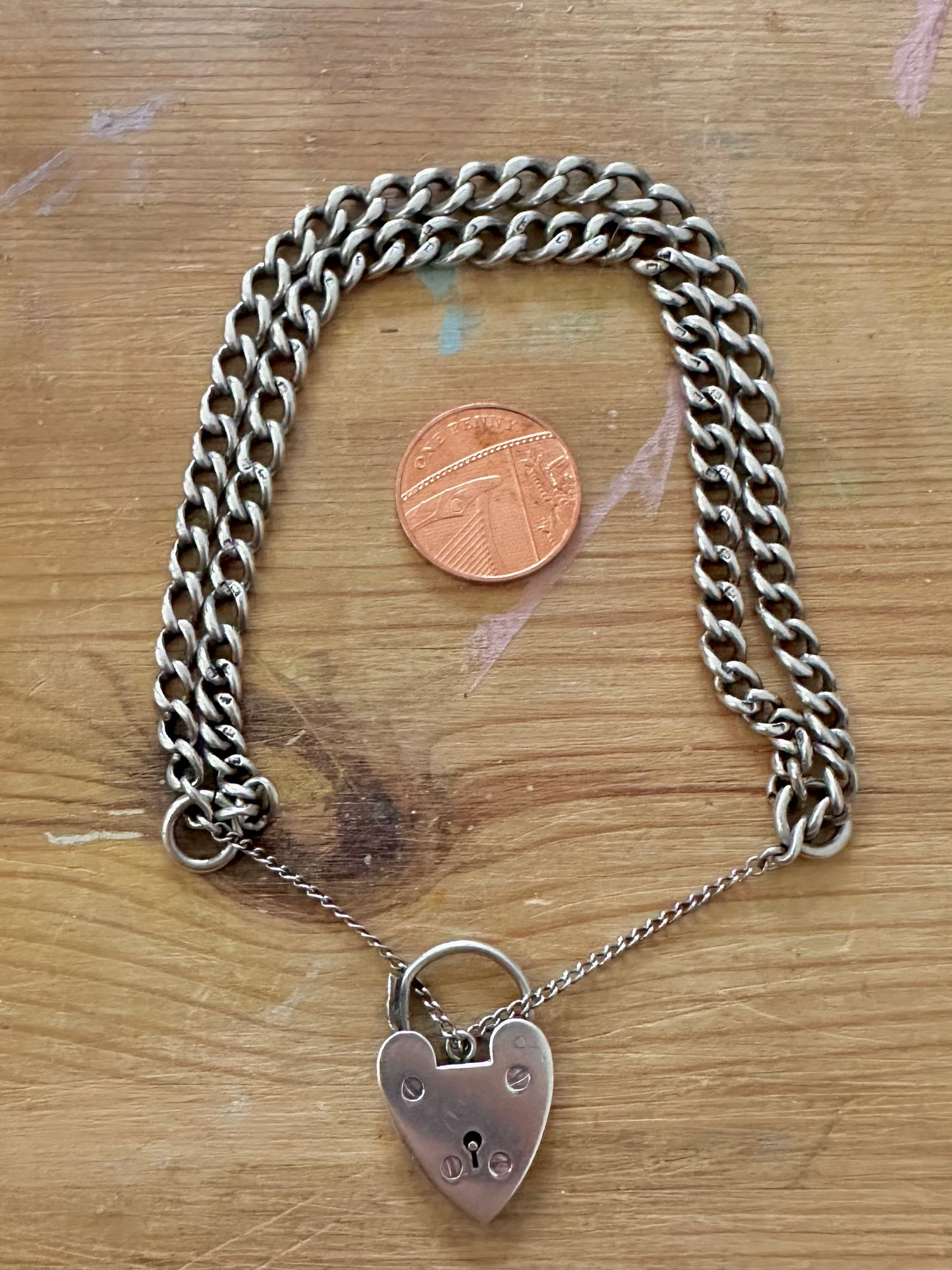 Vintage Double Curb Chain Heart Padlock 925 Silver Bracelet