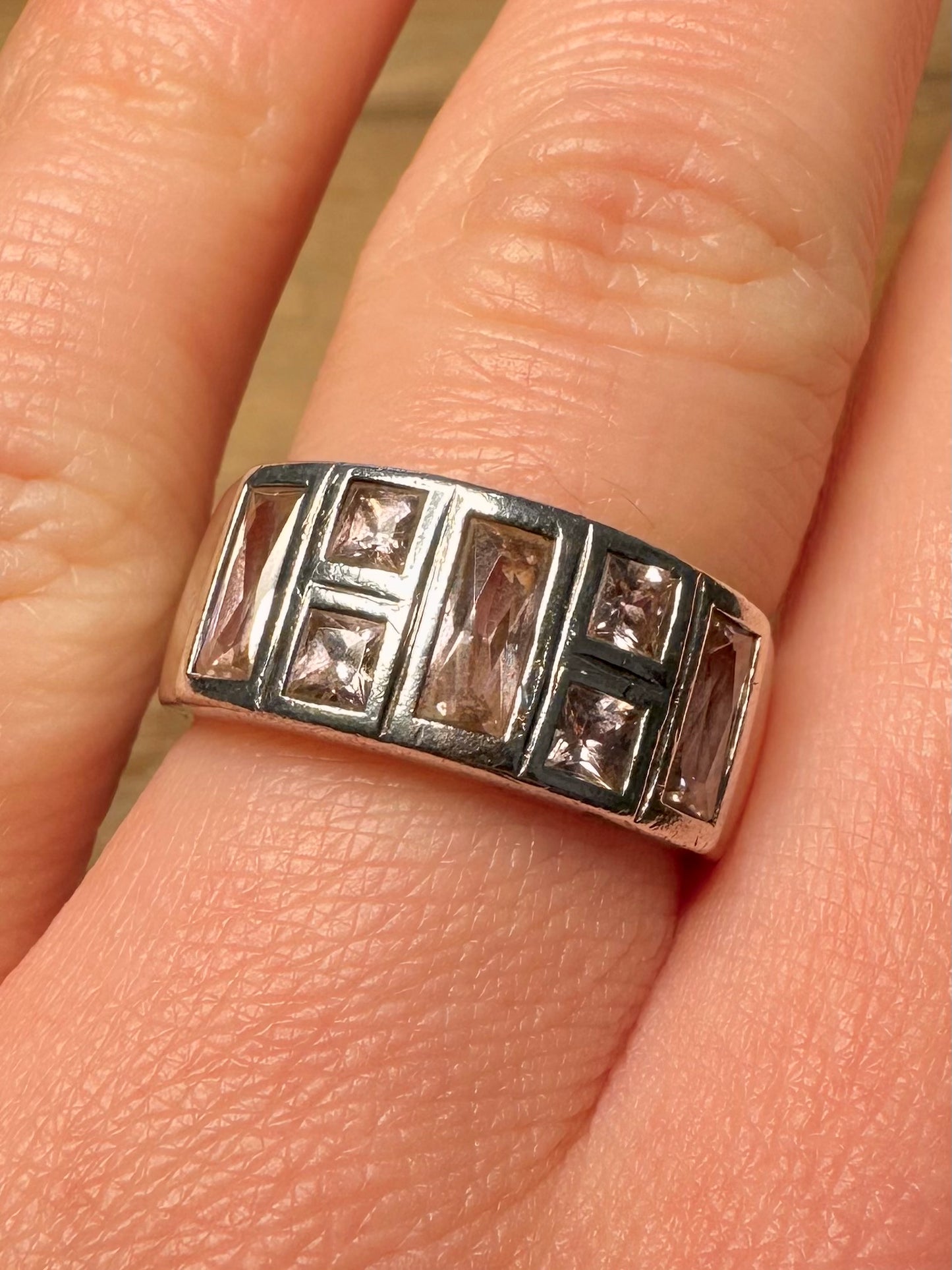 Modernist Pink Stones 925 Silver Size P1/2 Ring