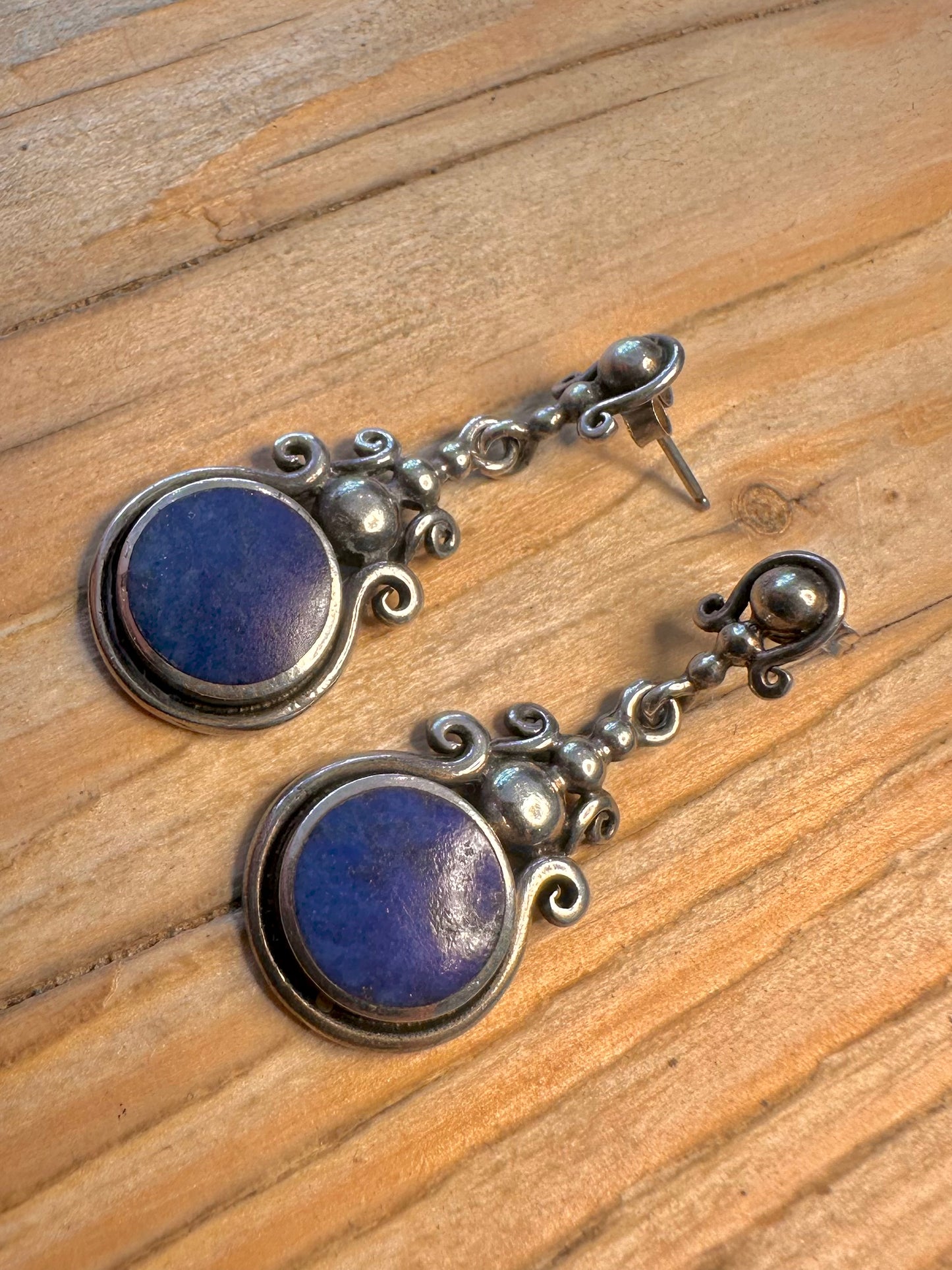 Vintage Lapis Ornate 925 Sterling Silver Maker PT Earrings