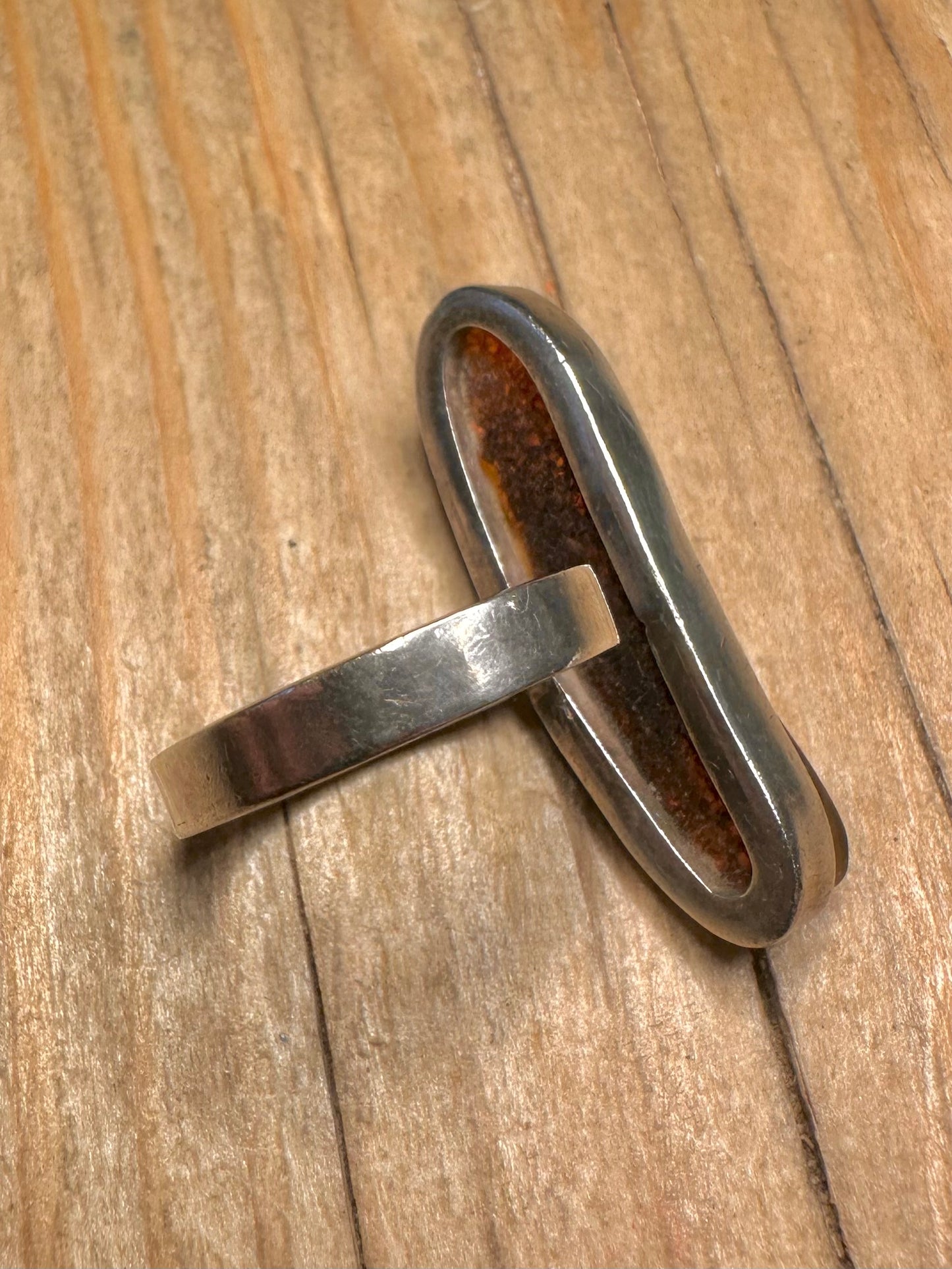 Vintage Elongated Amber 925 Sterling Silver Size P Adjustable Ring