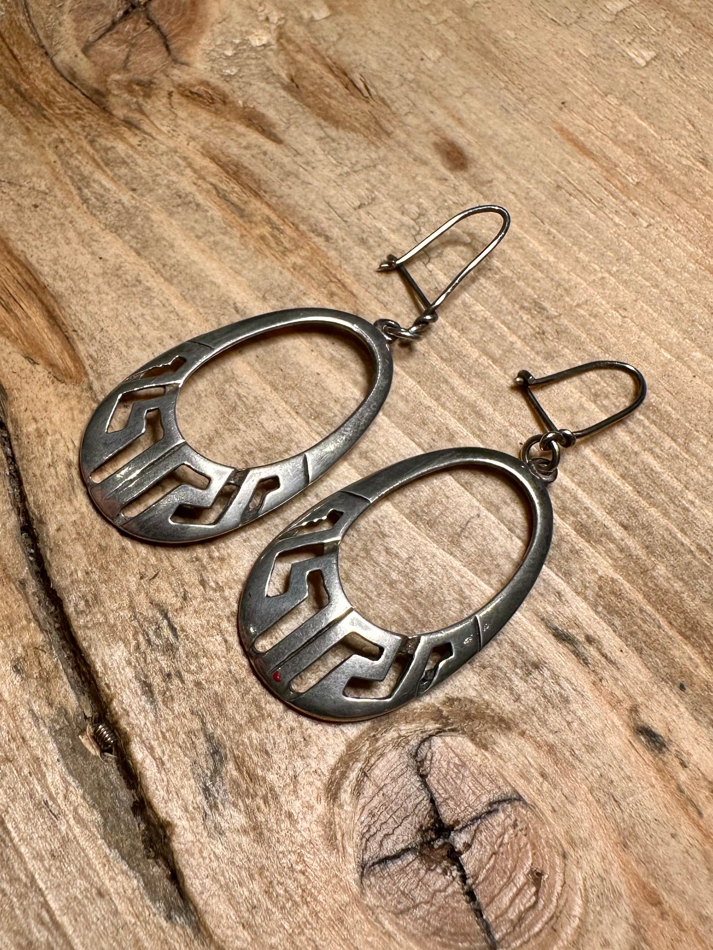 Vintage Greek Key Oval 925 Silver Earrings