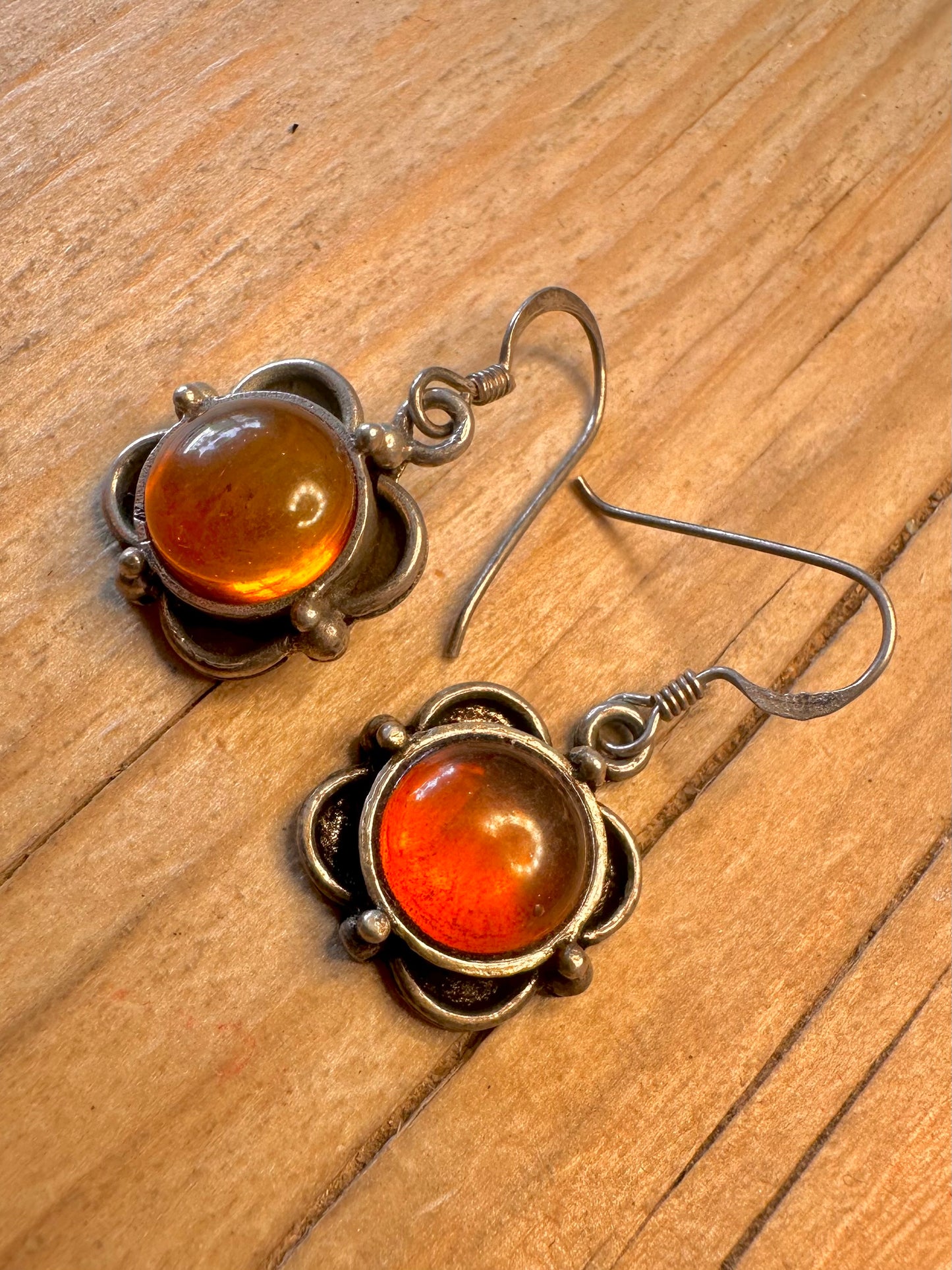 Vintage Amber Flower 925 Sterling Silver Earrings