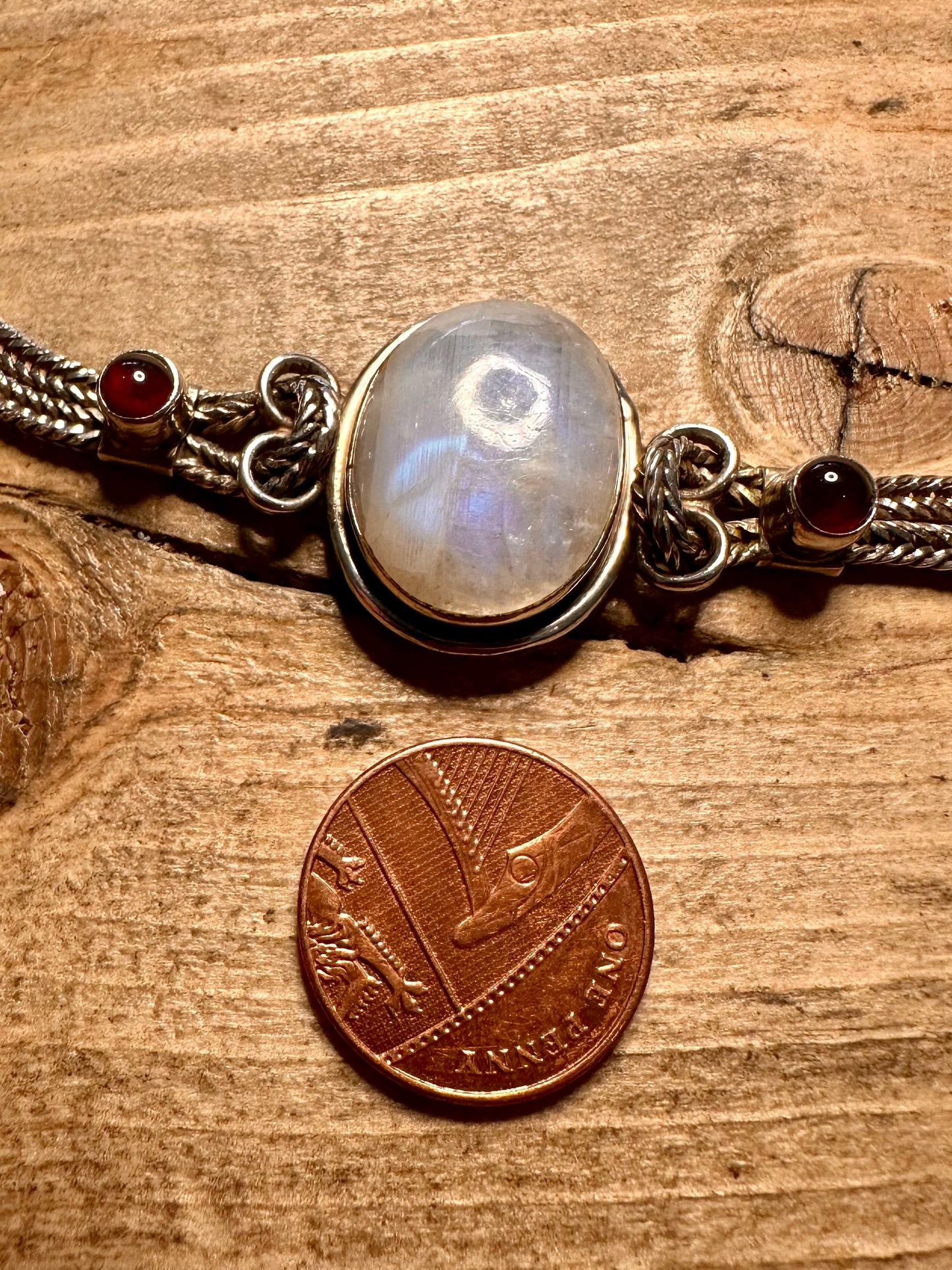 Vintage Moonstone and Garnet Foxtail Chain 925 Silver 7 inch Bracelet