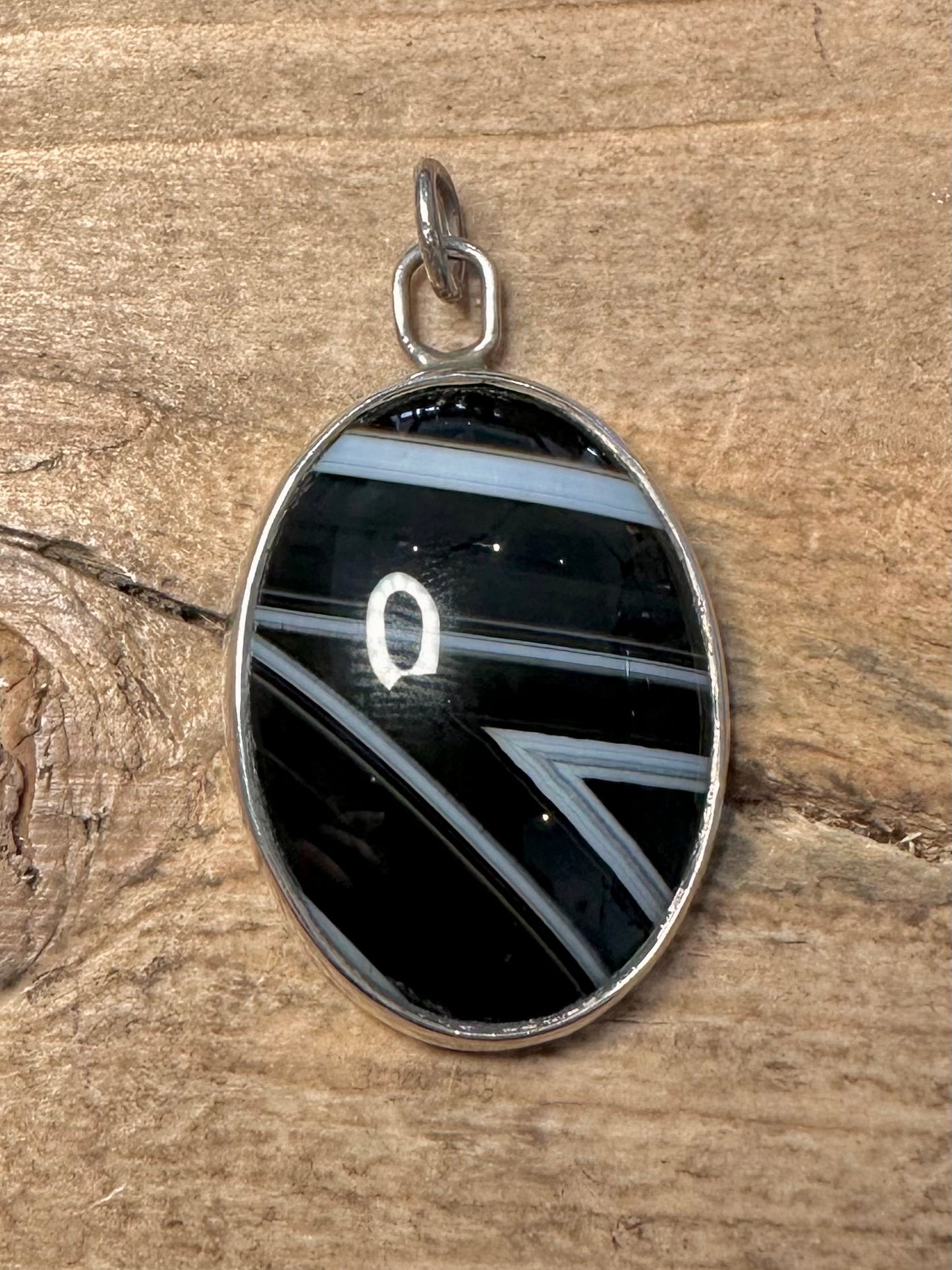 Vintage 1986 Black Agate Oval 925 Silver Pendant