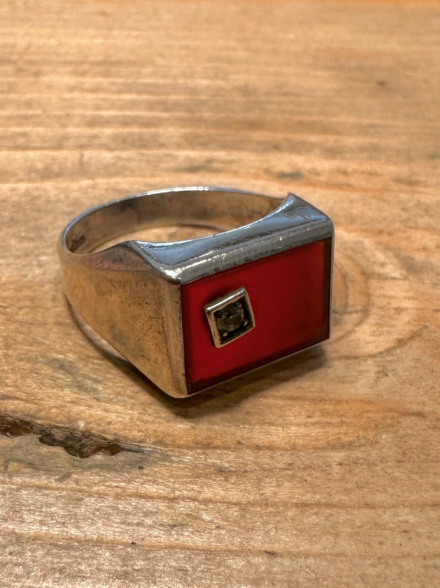 Vintage Carnelian and White Stone Signet 925 Silver Size U Ring