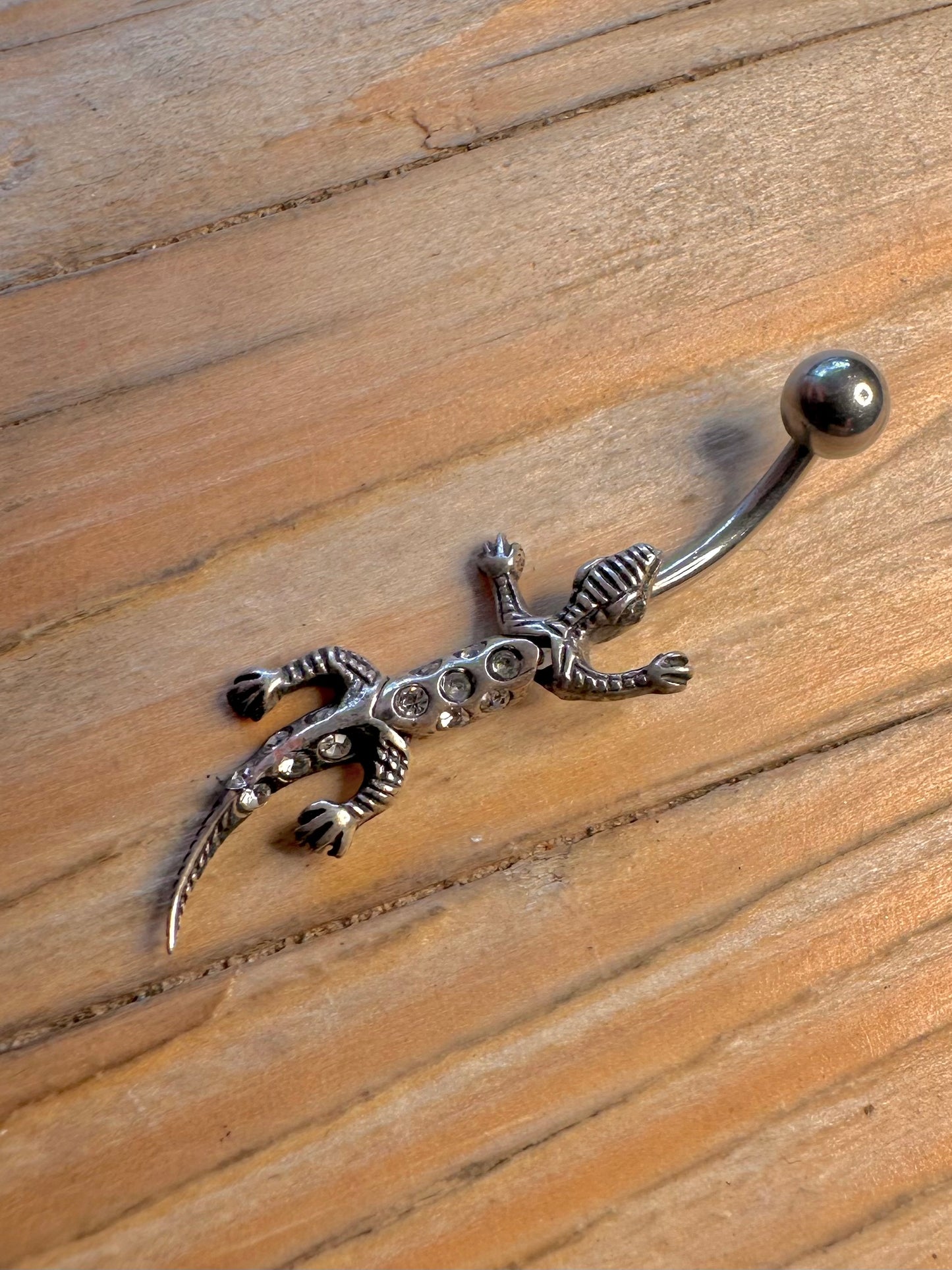 Vintage Moving Lizard White Stones 925 Sterling Silver Belly Bar Body Jewellery