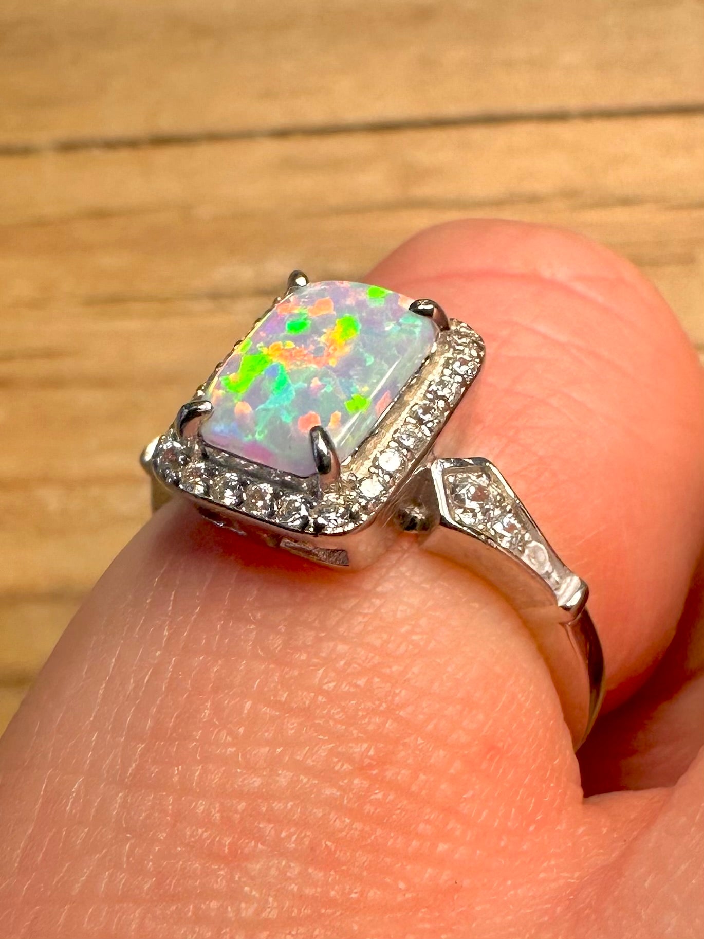 Modern Opal and CZ 925 Sterling Silver Size J1/2 Ring