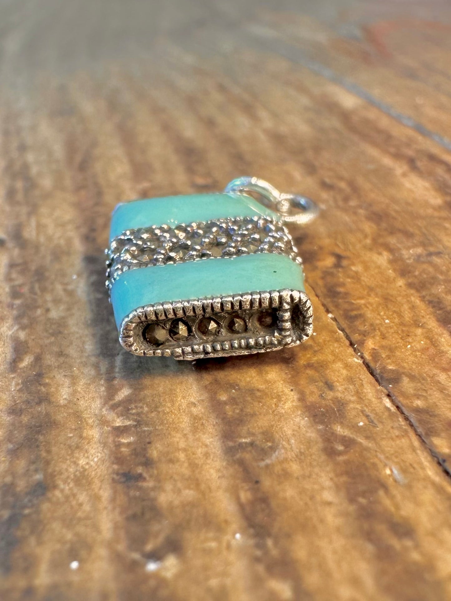 Blue Enamel Marcasite Handbag 925 Sterling Silver Charm Pendant