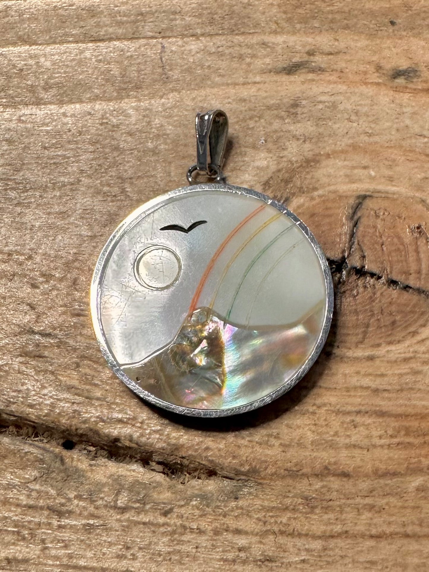 Vintage Mother of Pearl Landscape 925 Silver Pendant