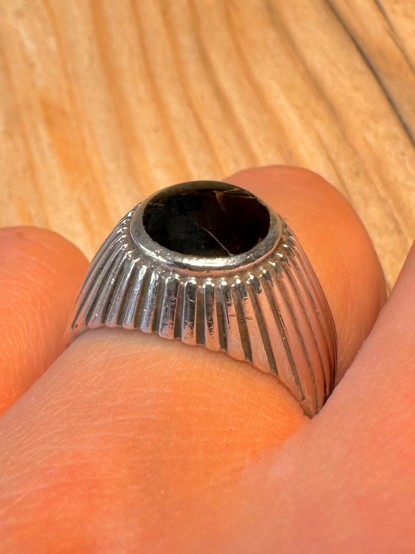 Vintage Onyx Textured Signet 925 Silver Size O Ring