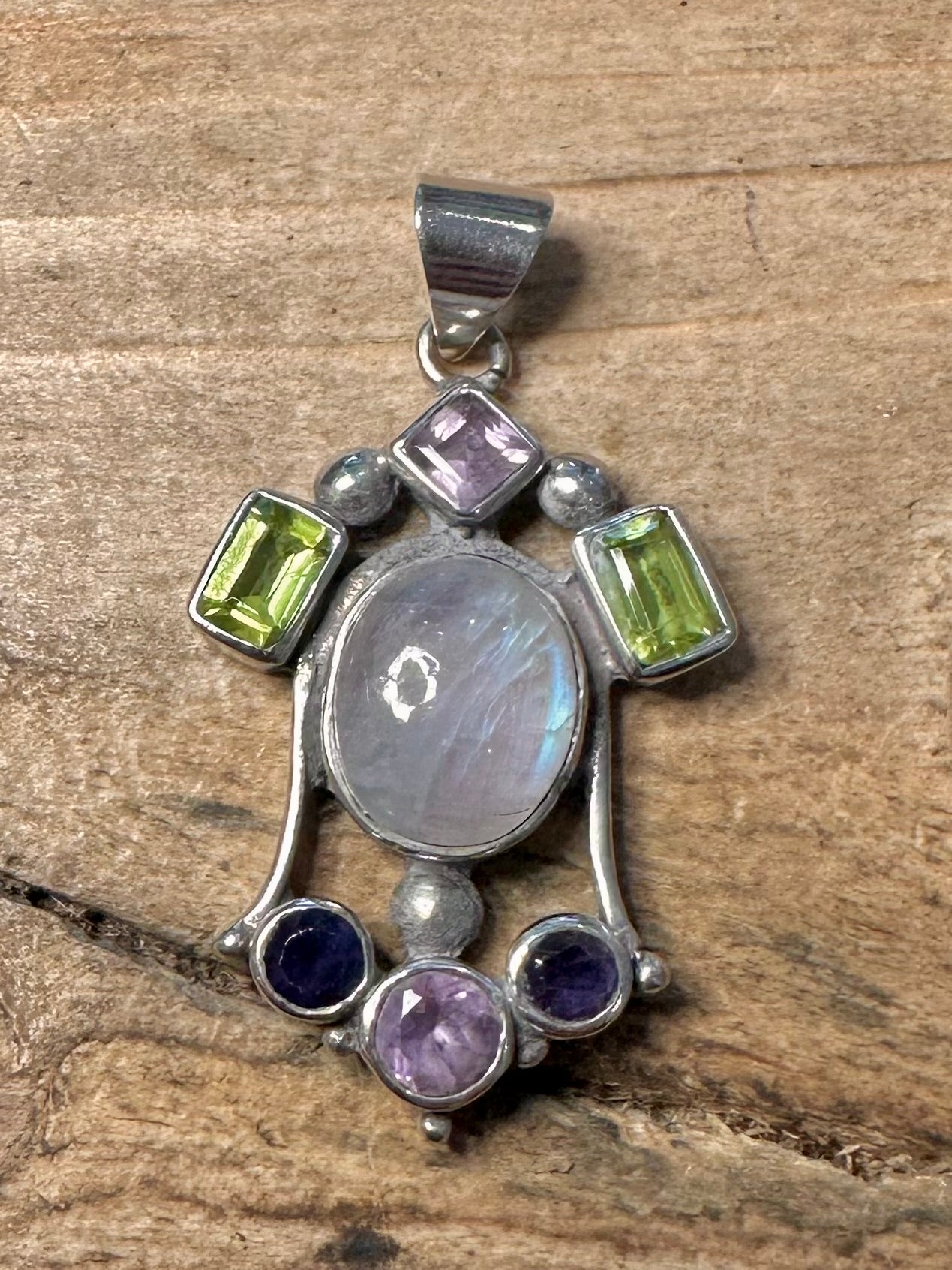 Vintage Moonstone Peridot Amethyst 925 Silver Pendant