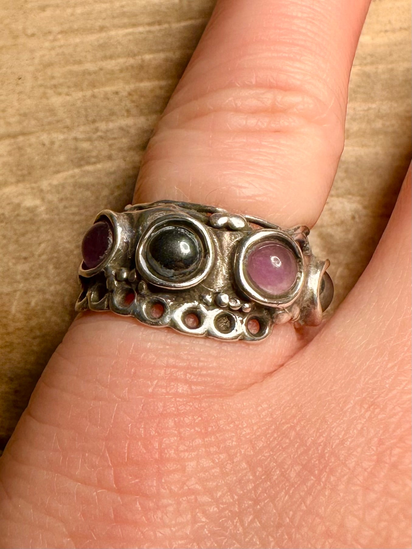 Abstract Amethyst and Black Stone Open Back 925 Silver Size J Ring