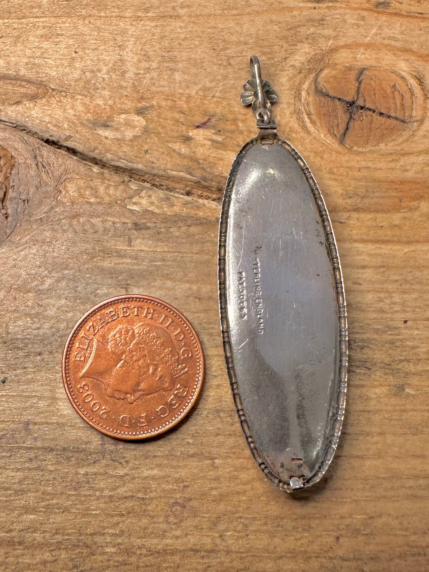 Vintage Elongated Green Foil 925 Silver PAT Number Pendant