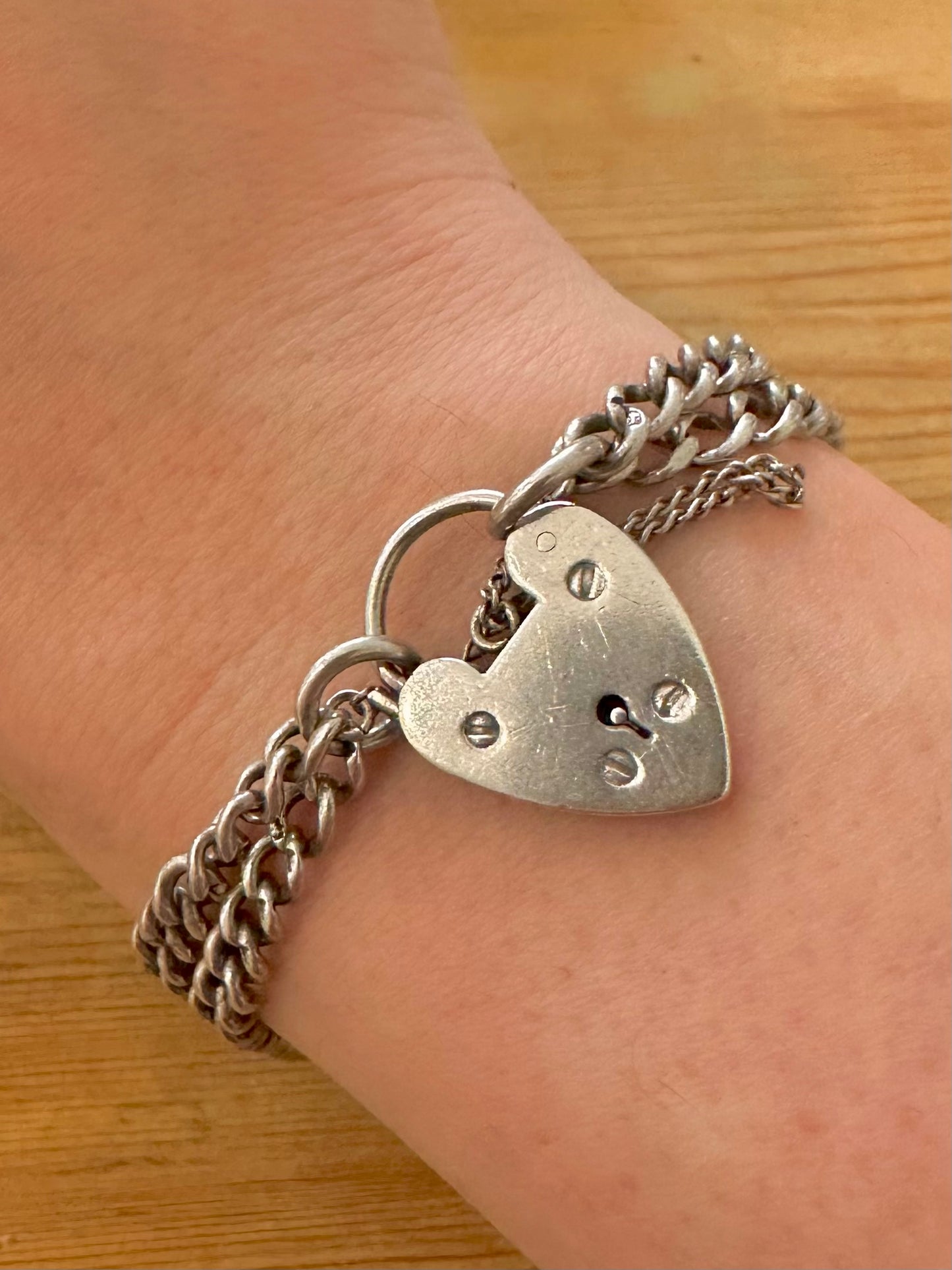 Vintage Double Curb Chain Heart Padlock 925 Silver Bracelet