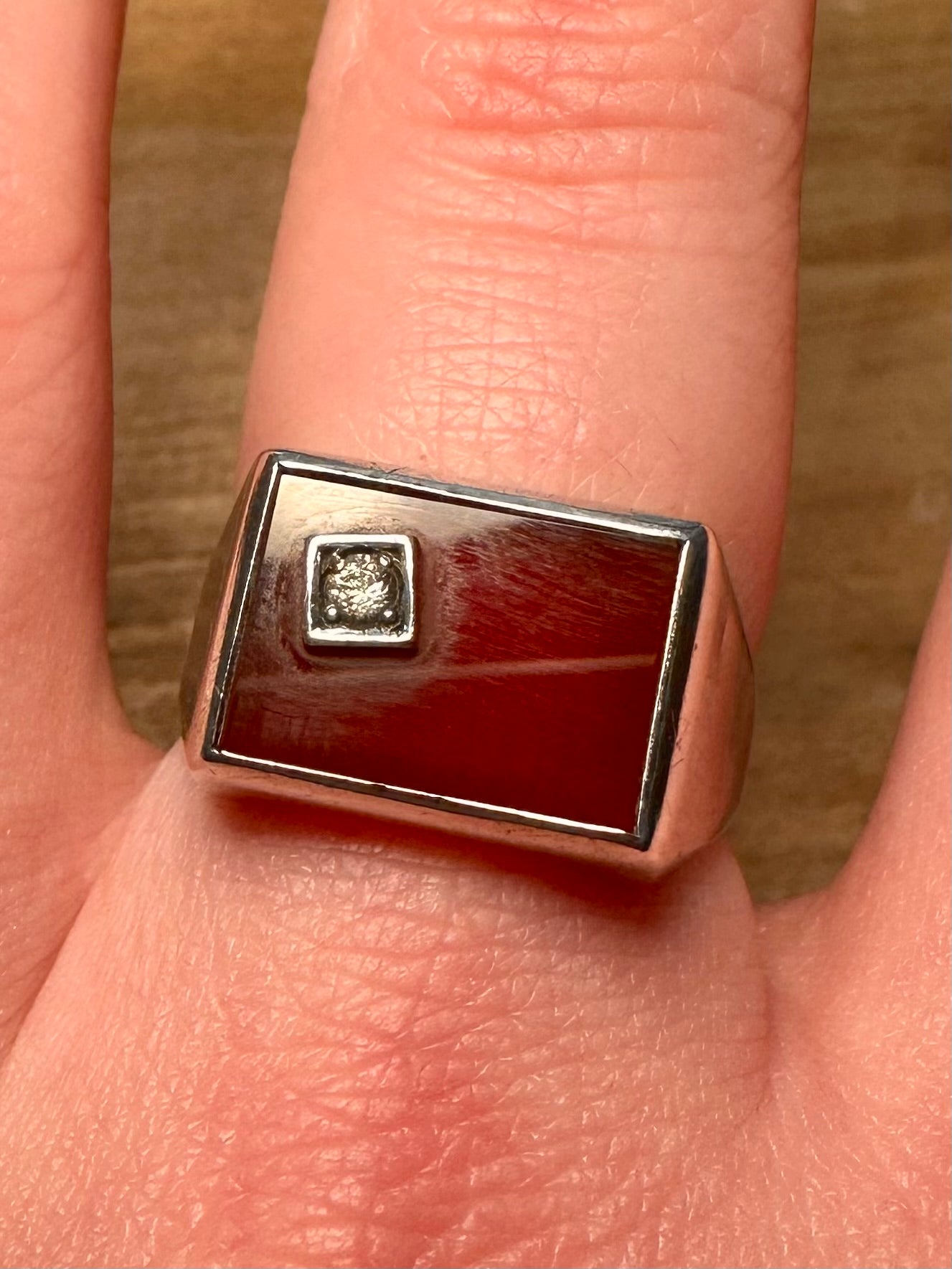Vintage Carnelian and White Stone Signet 925 Silver Size U Ring