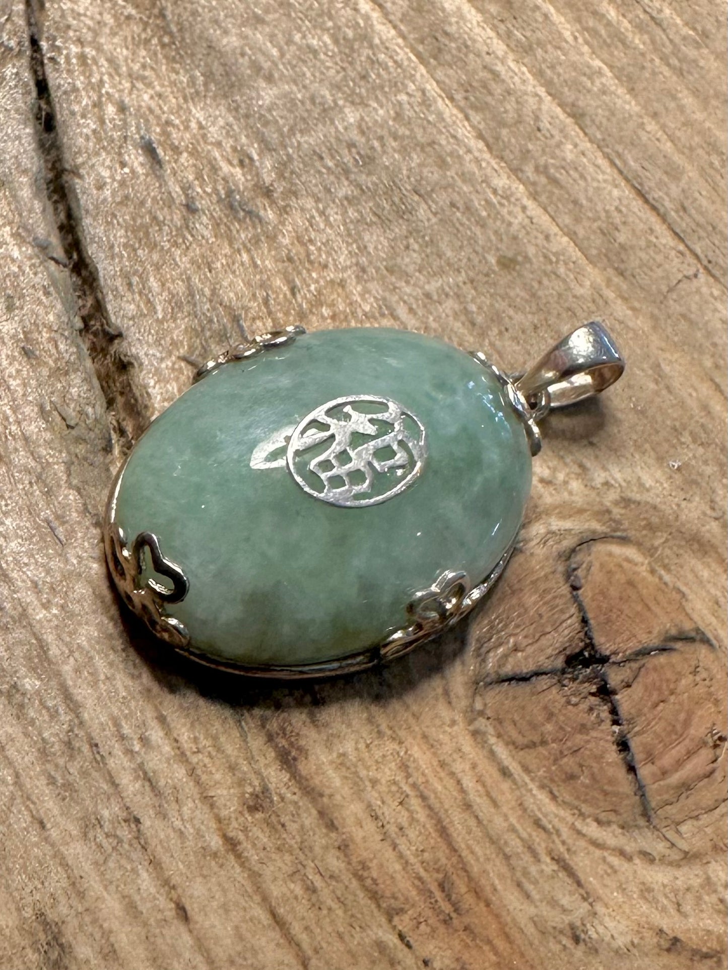 Vintage Chinese Oval Jade 925 Silver Pendant