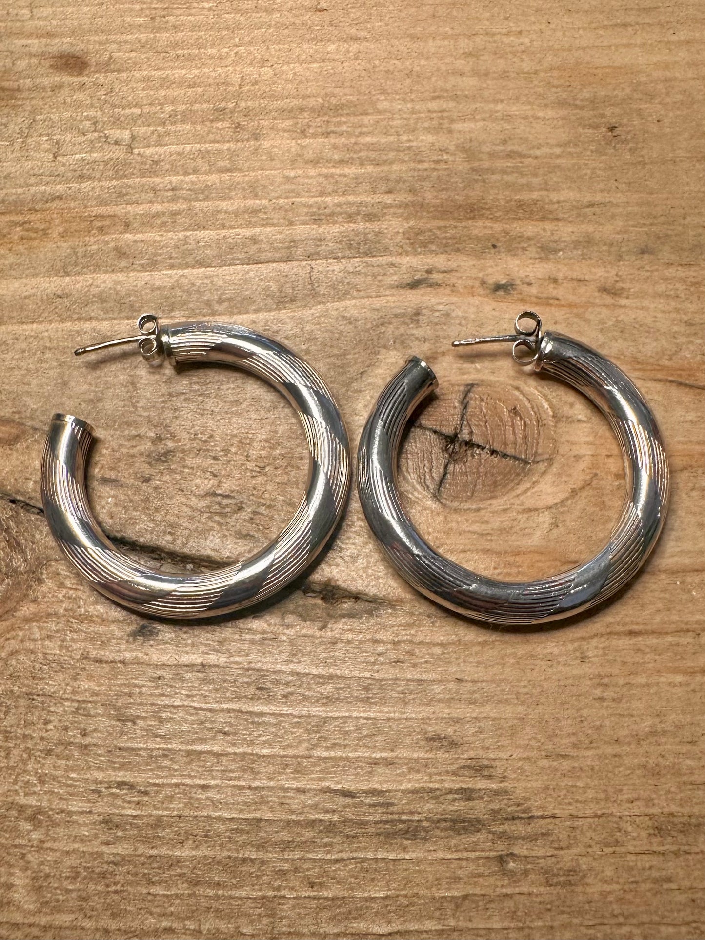 Vintage Chunky Textured Hoops 925 Silver Earrings