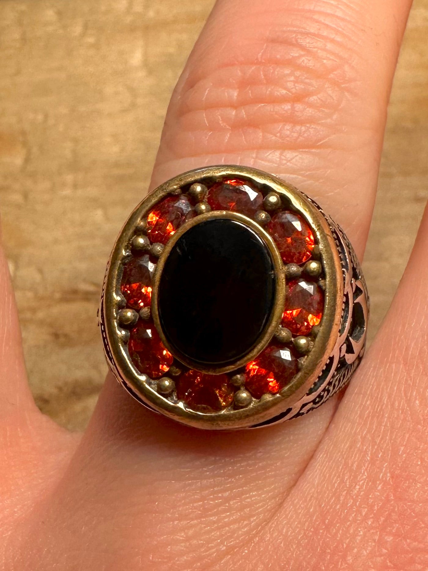 Vintage Garnet and Black Stone Middle Eastern 925 Silver Size T Ring