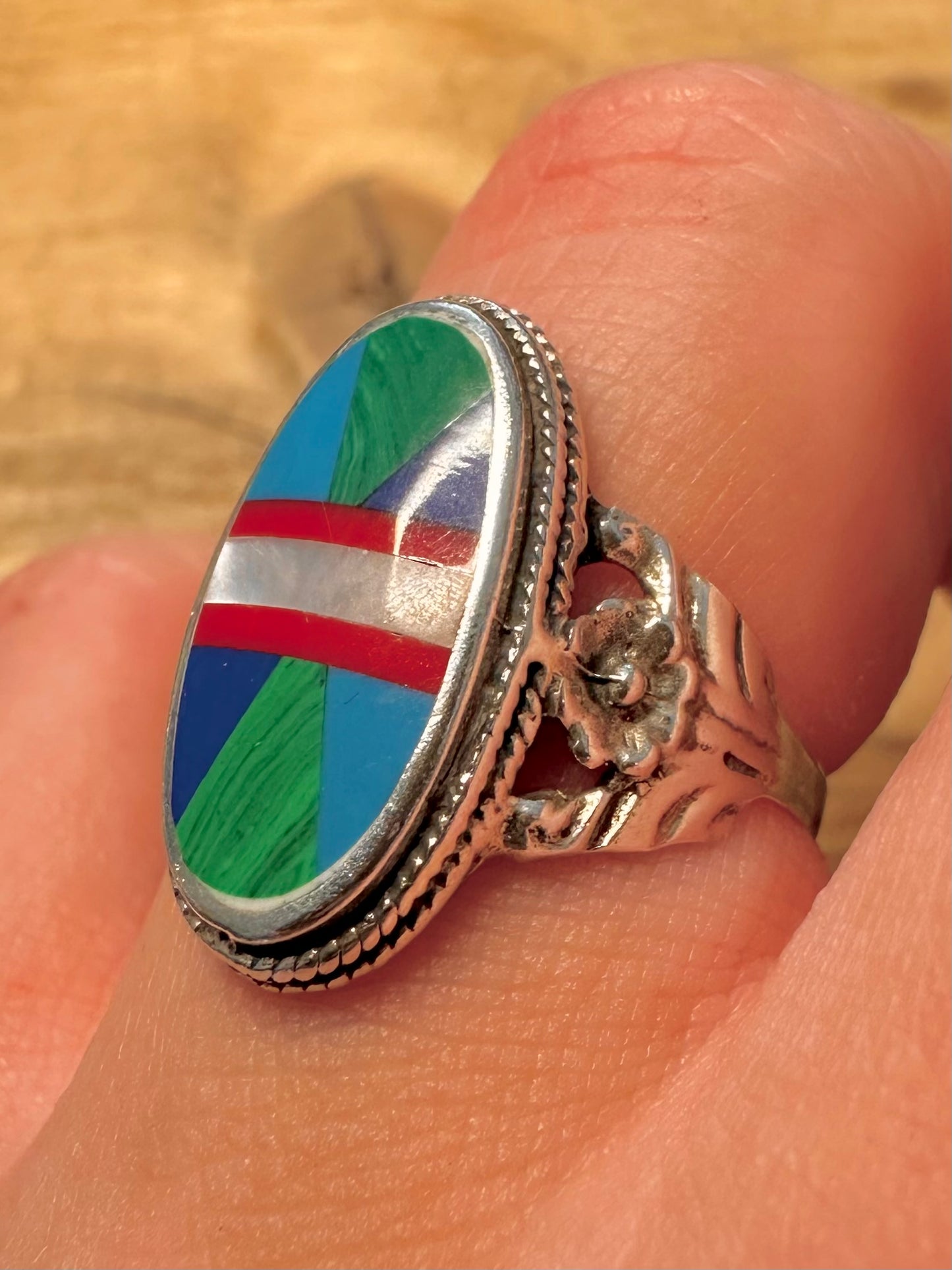 Vintage Mosaic Stones 925 Silver Size Q Ring