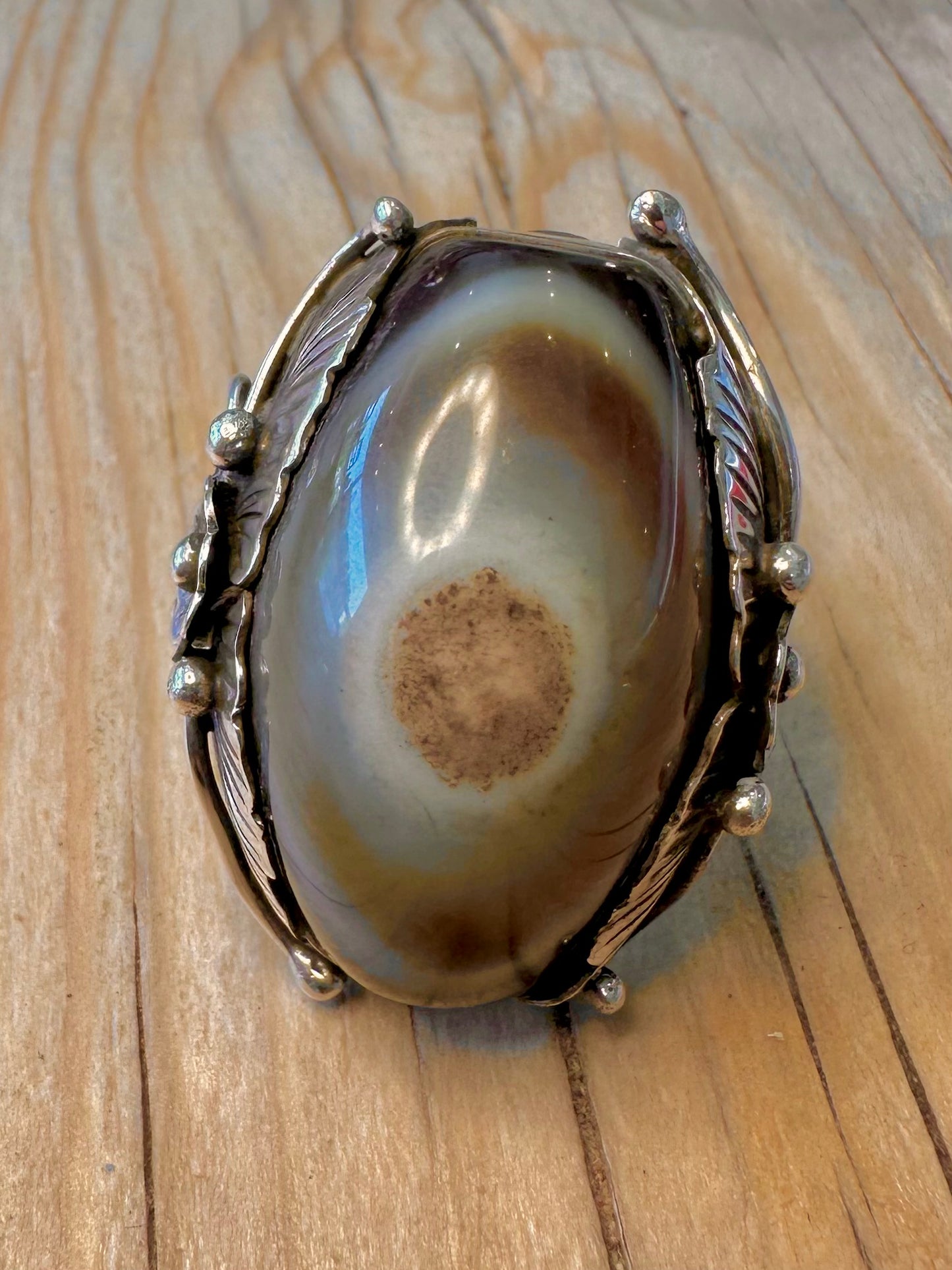 Vintage Large Agate Navajo Style 925 Silver Size V Ring