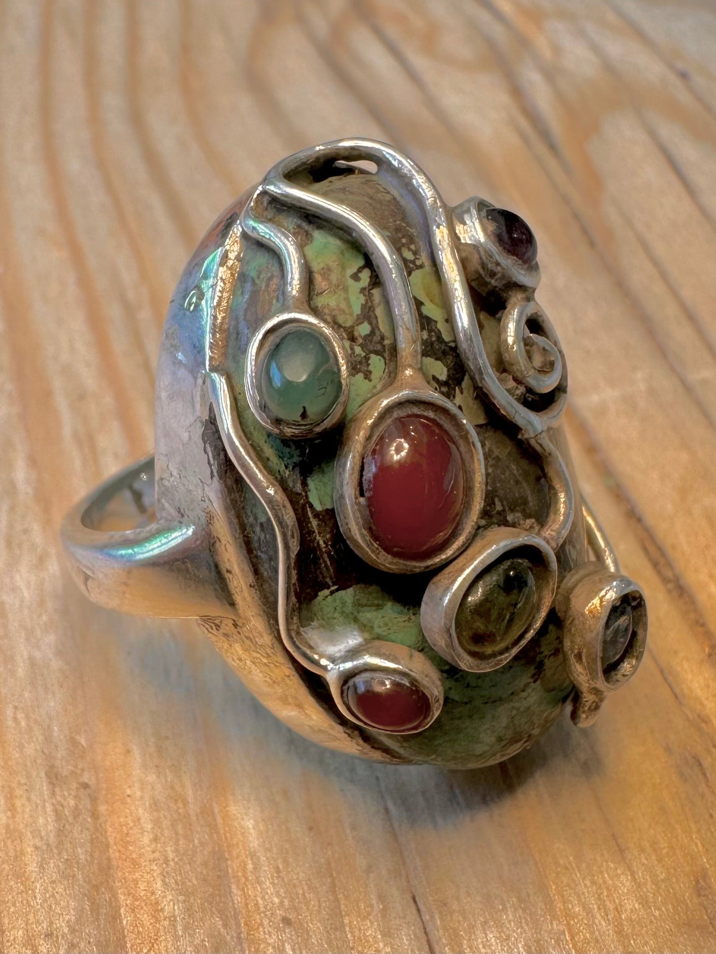 Vintage Raw Turquoise and Multi Gemstone 925 Silver Size P1/2 Ring