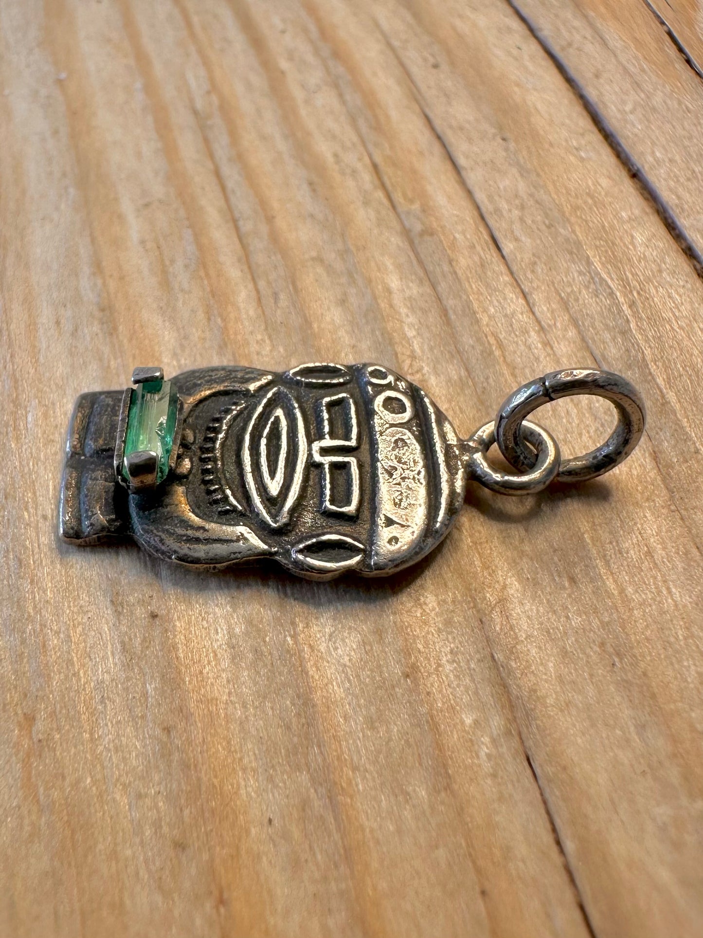 Vintage Aztec Mayan Figure Green Stone 900 Silver Pendant
