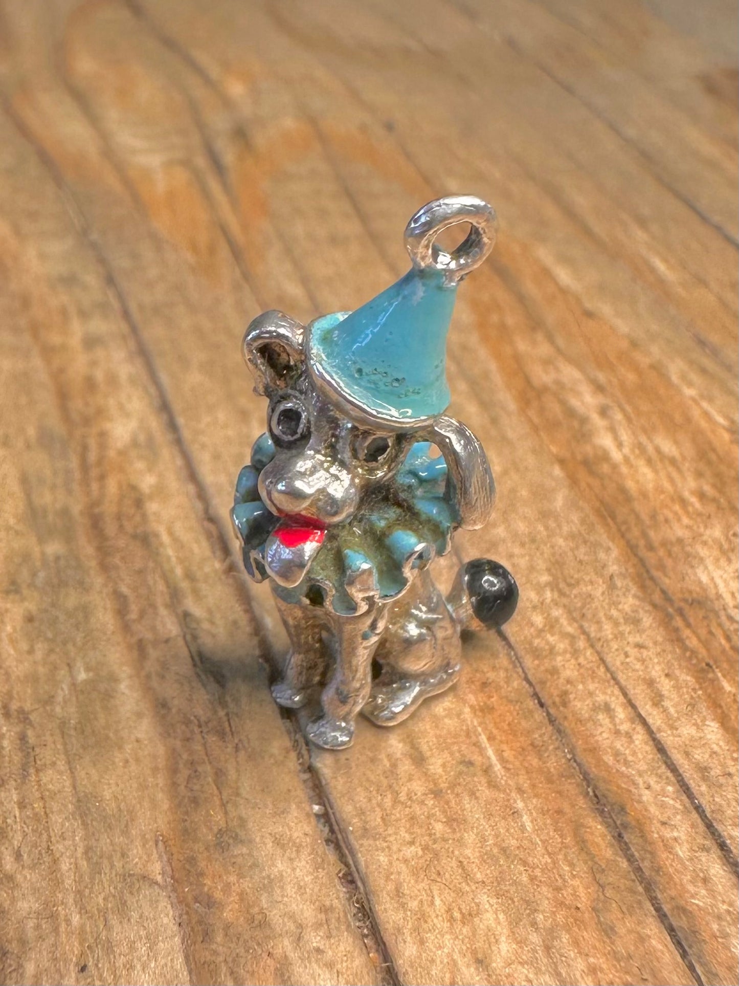 Vintage Emaille Hund als Clown 925 Sterling Silber Charm-Anhänger