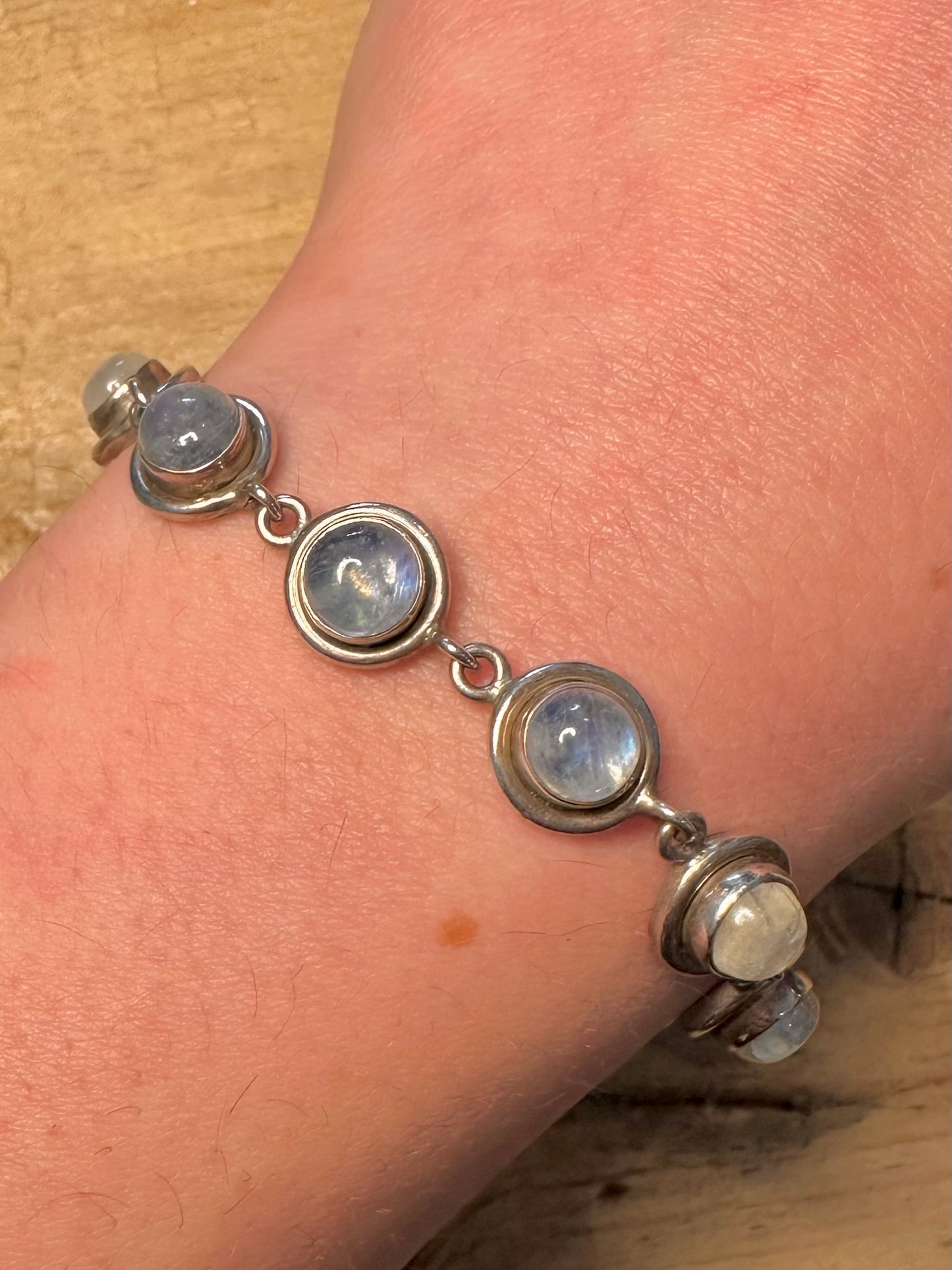 Vintage Moonstone Circle Link 925 Silver 7.3 inch Bracelet