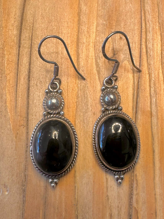 Vintage Onyx Ornate Dangle 925 Sterling Silver Earrings