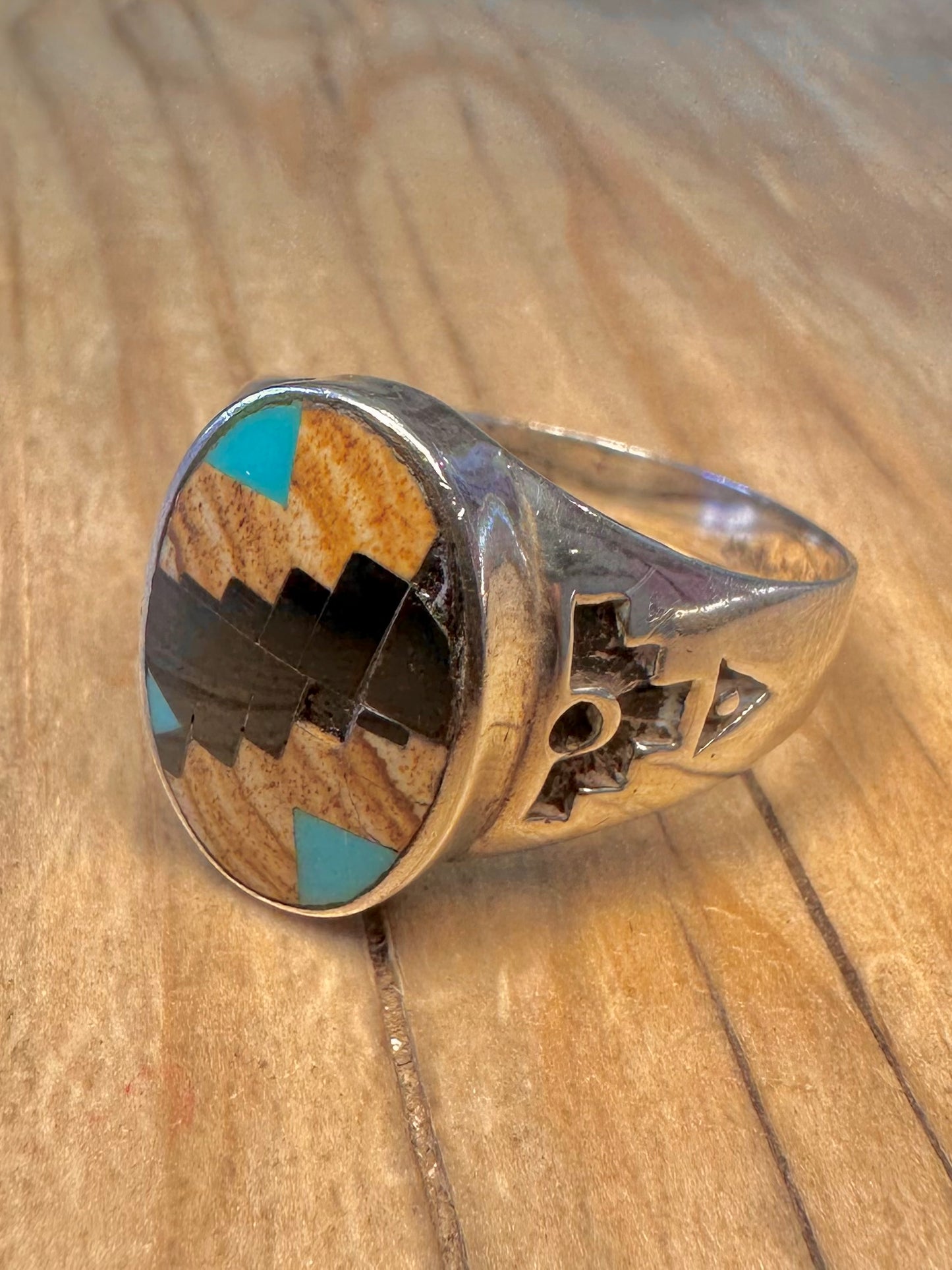 Vintage Native American Mosaic Inlay Signet 925 Sterling Silver Maker SS Size Z+3 1/2 Ring