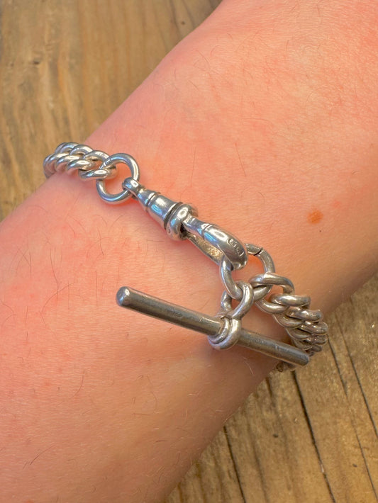 Antique 1907 Graduated Curb Chain T Bar Albert Clasp 925 Sterling Silver 8 inch Bracelet