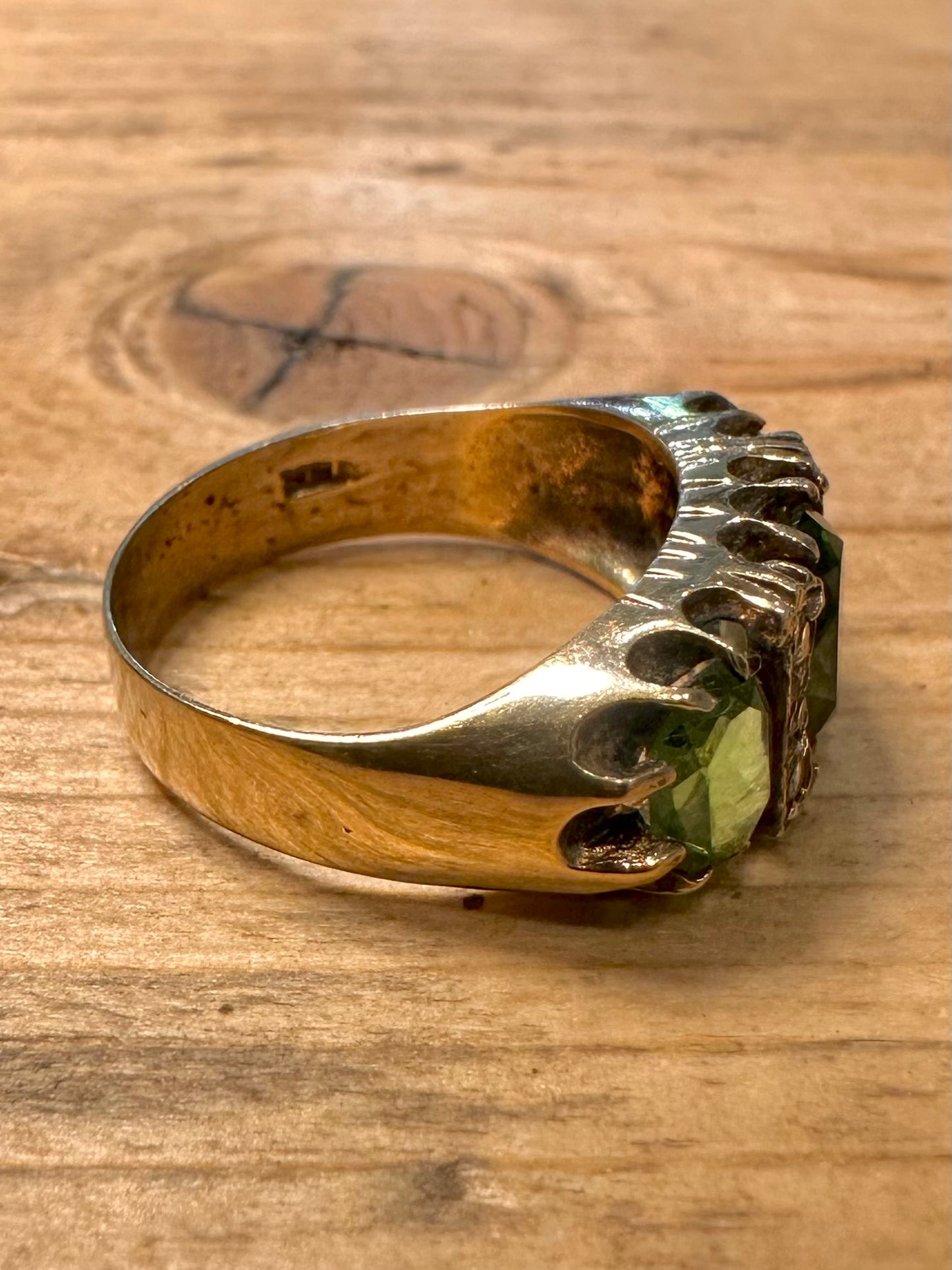 Vintage Green and White Stone Trilogy Gold on 925 Silver Size P Ring