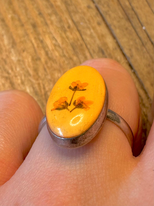 Yellow Oval Flower Painted Silver Size Q1/2 Ring
