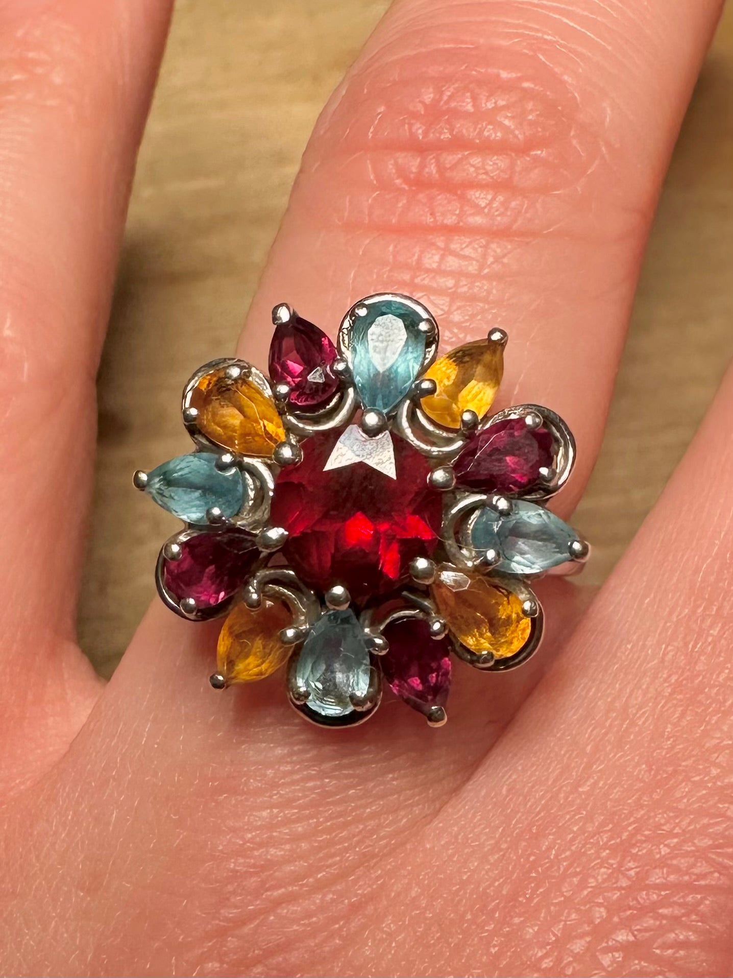 Modernist Multi Coloured Flower 925 Silver Size P Ring