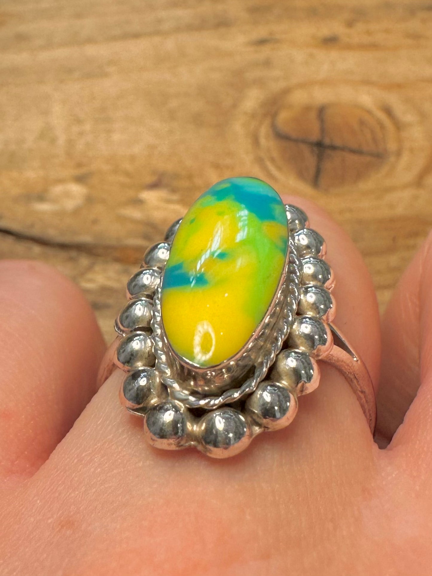 Vintage Blue and Yellow Agate Boho 925 Silver Size S Ring