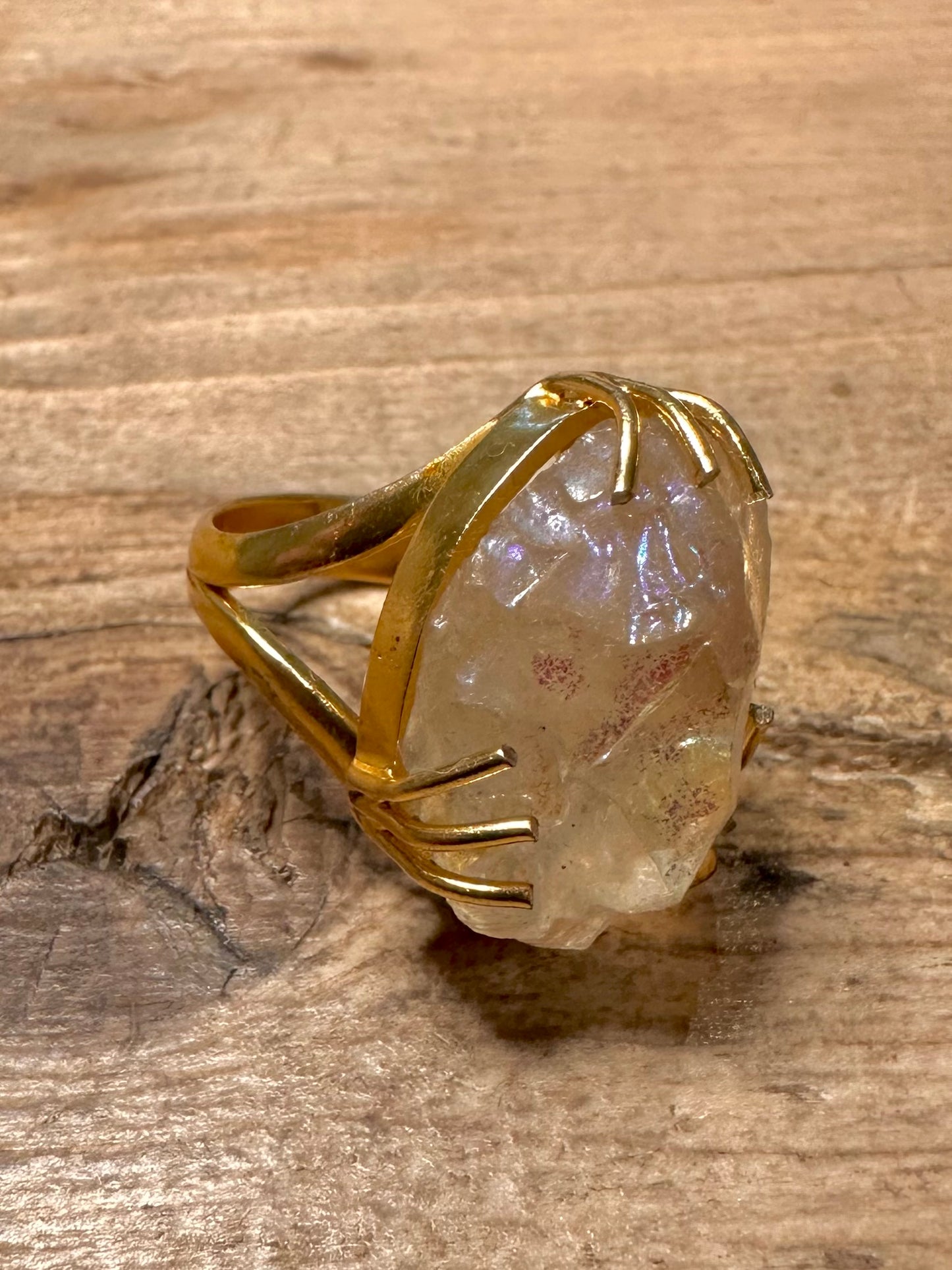 Abstract Raw Crystal Gold on 925 Silver Size L Ring