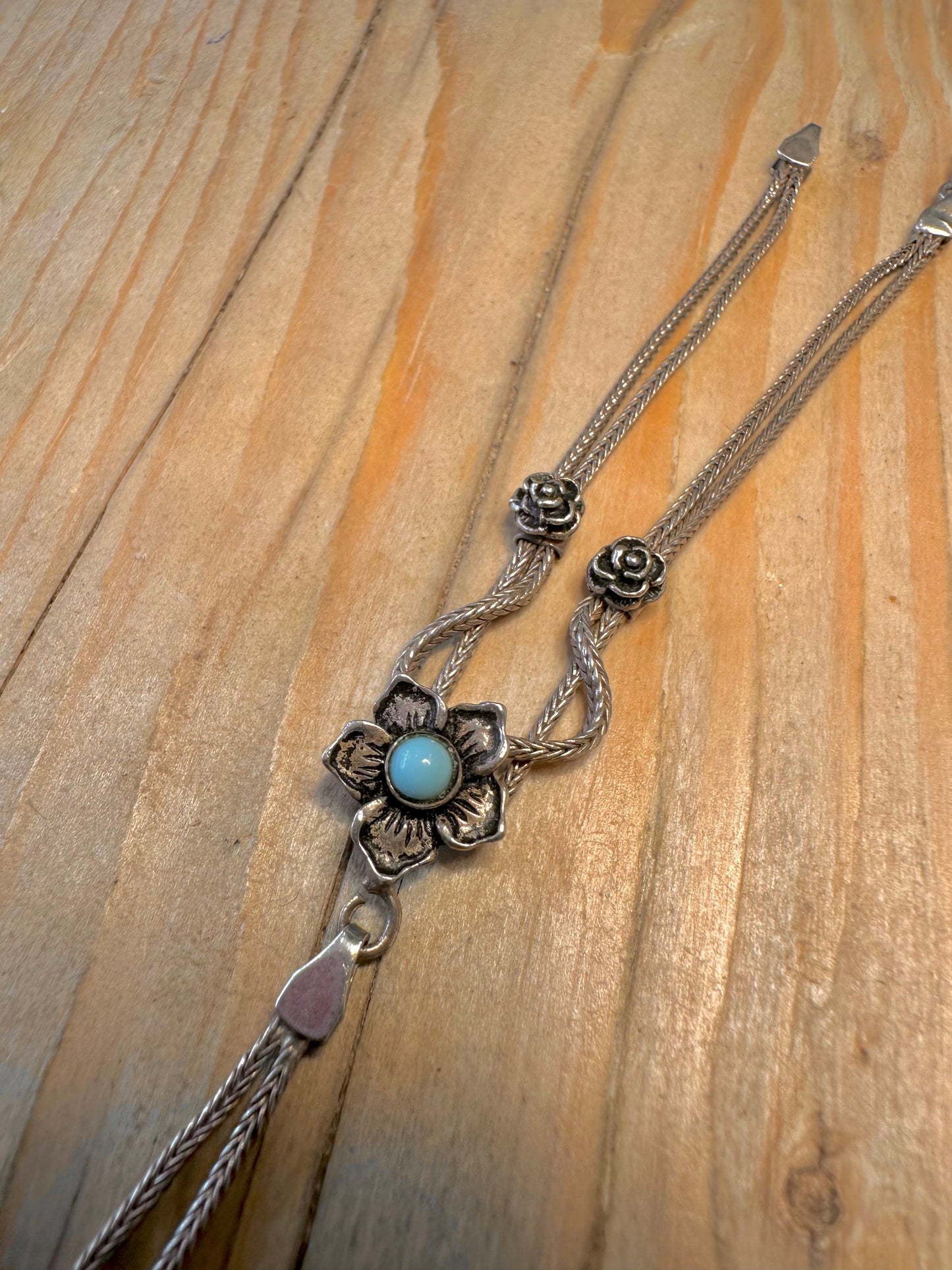 Vintage Flower Chain Blue Stone 925 Sterling Silver Size P 7 inch Ring Bracelet