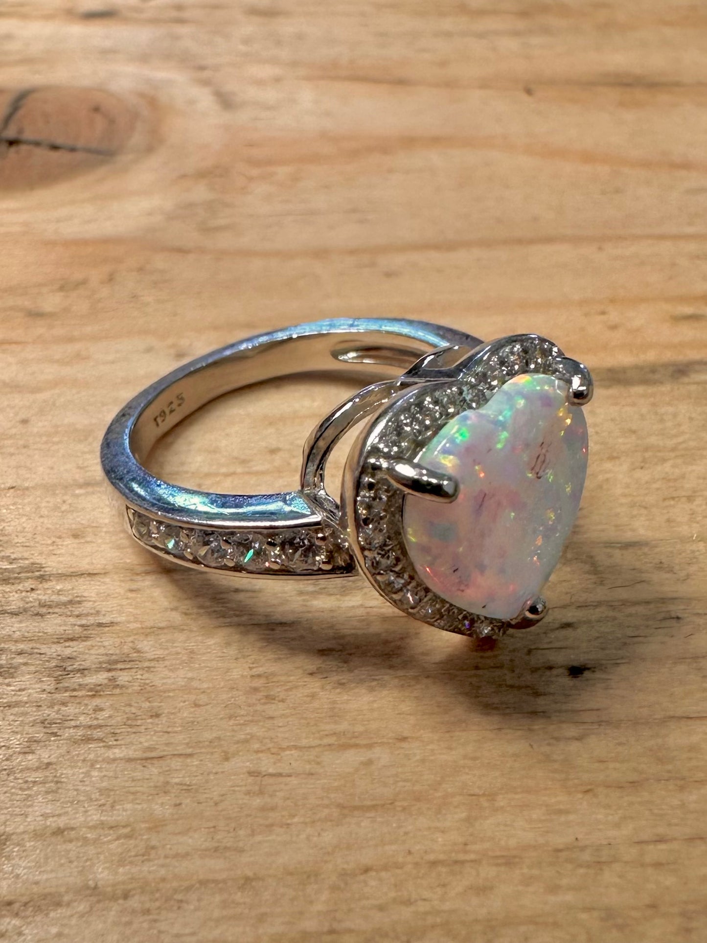 Modern Opal Heart CZ Stone 925 Silver Size J Ring