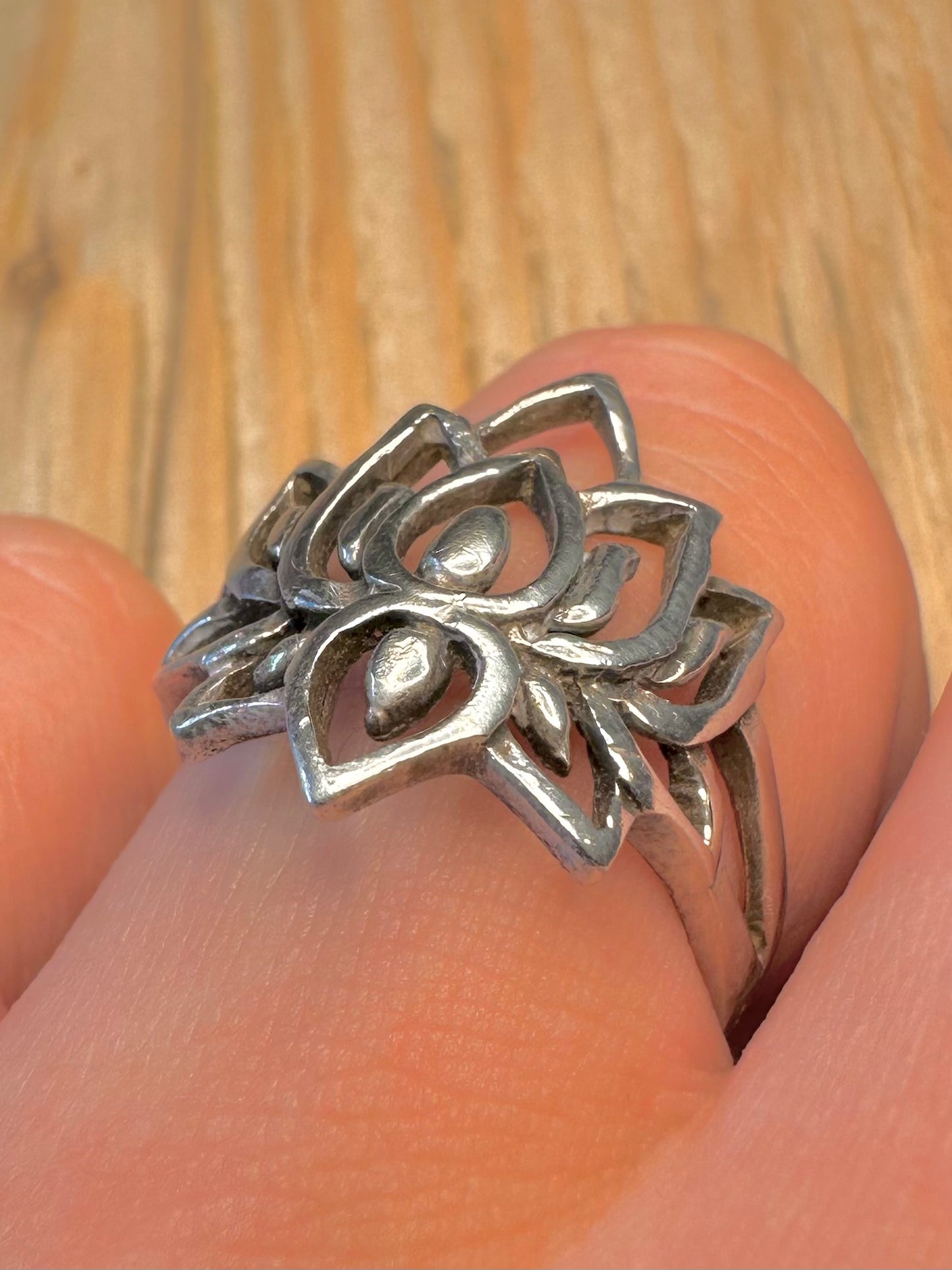 Vintage Lotus Flower 925 Sterling Silver Size R Ring