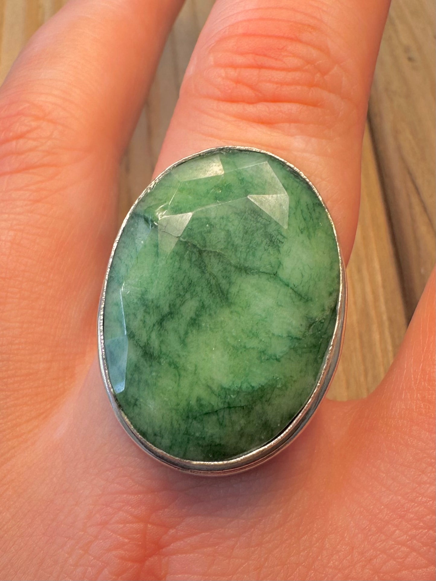 Vintage Large Green Stone 925 Sterling Silver Size Q Ring