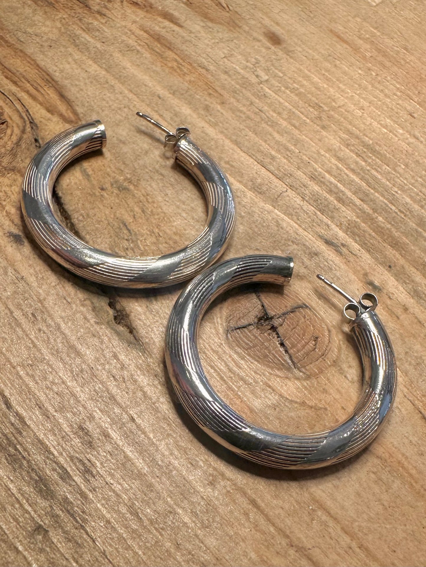 Vintage Chunky Textured Hoops 925 Silver Earrings